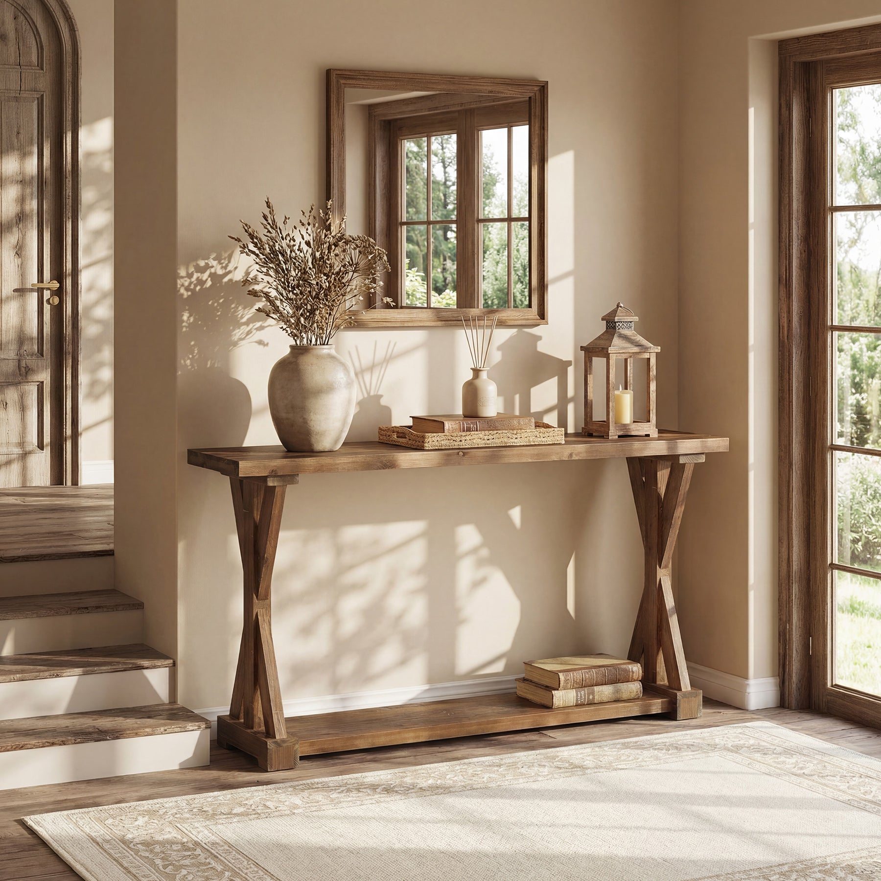 63" Narrow Console Table, Farmhouse Solid Wood Entryway Table with 2-Tier Storage