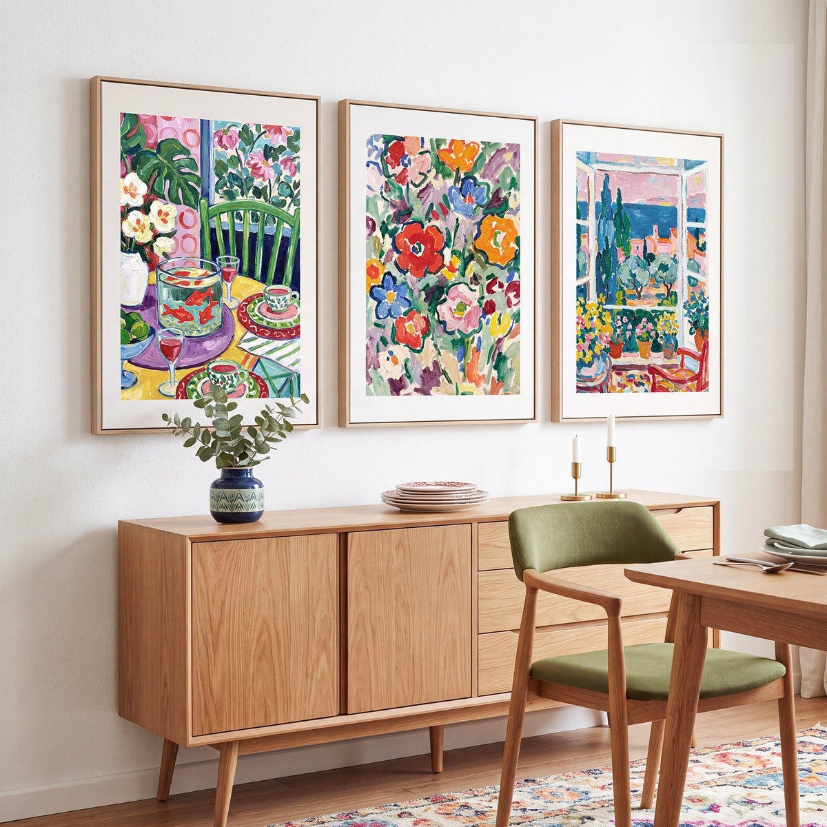 3 Piece Hand-Painted Oil Painting Style Canvas Wall Art Set,24x36 Inch Colorful Floral and Mediterranean Coastal Prints