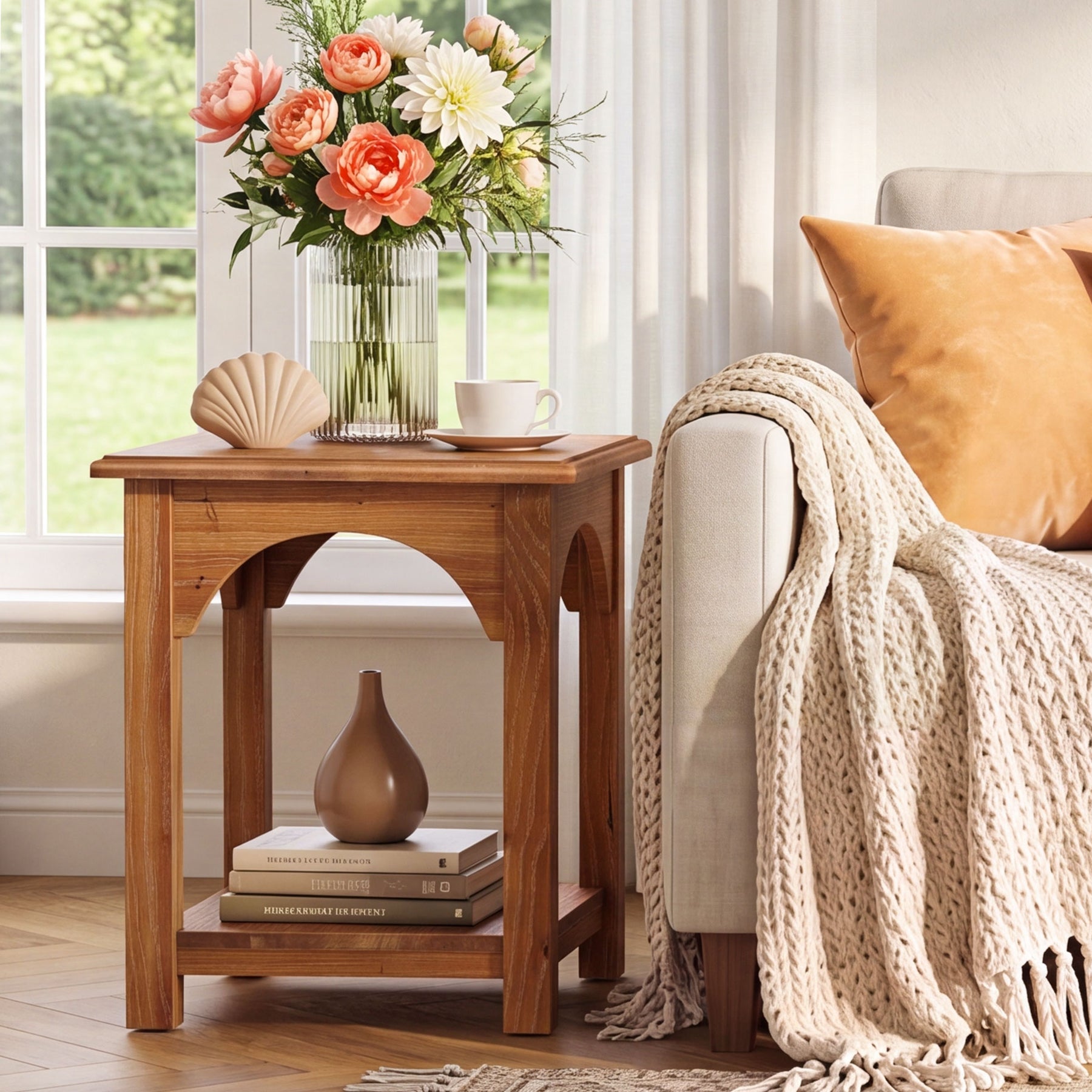 Farmhouse End Table with Storage, Solid Fir Wood 2-Tier Side Table, Living Room