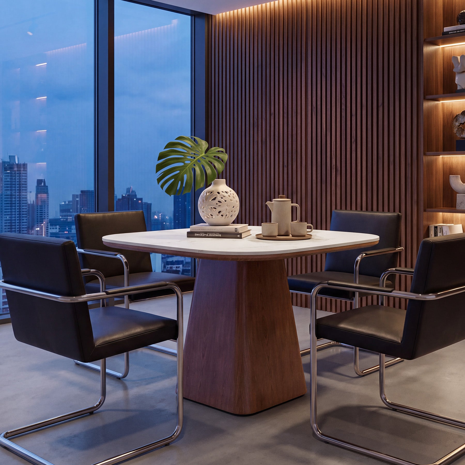 35.4" Conference Table with Sintered Stone Top, Small Square Meeting Table, Solid Wood Base