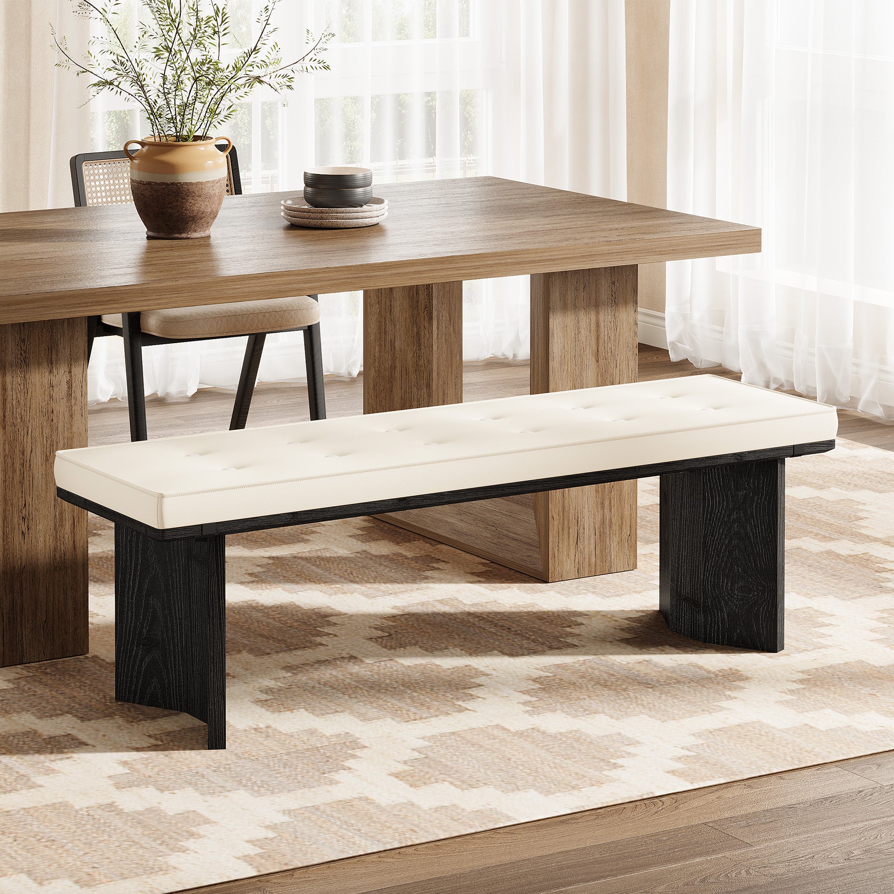 55" Solid Wood Dining Bench with Removable Cushion For Dining Room