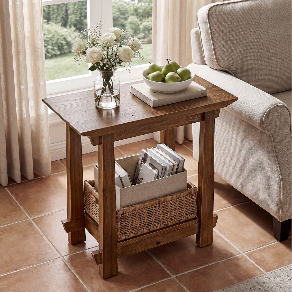 2-Tier Solid Wood End Table, Rectangle Sofa Side Table, Living Room Bedroom Nightstand