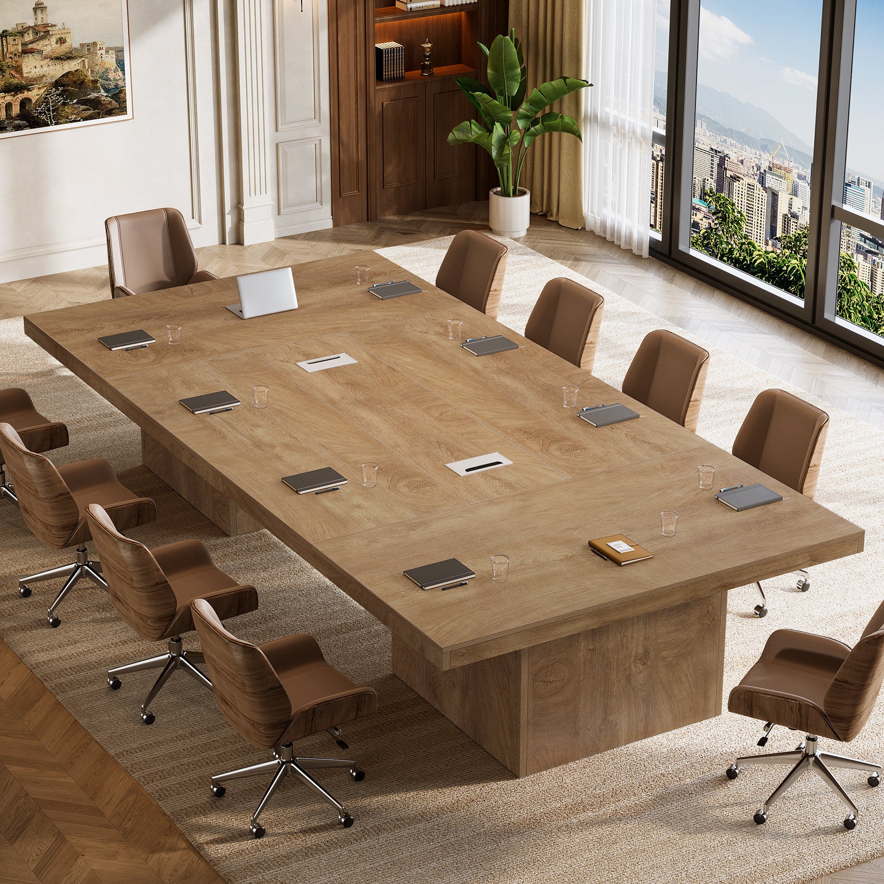 95" Conference Table with Pedestal Base, 8FT Wood Office Meeting Table, Cable Grommets