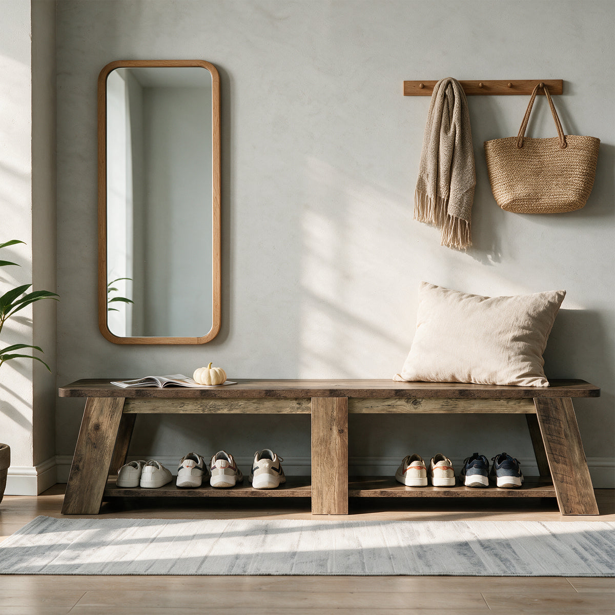 71" Entryway Bench, 2-Tier Shoe Bench with Trapezoid-Style Legs for Hallway
