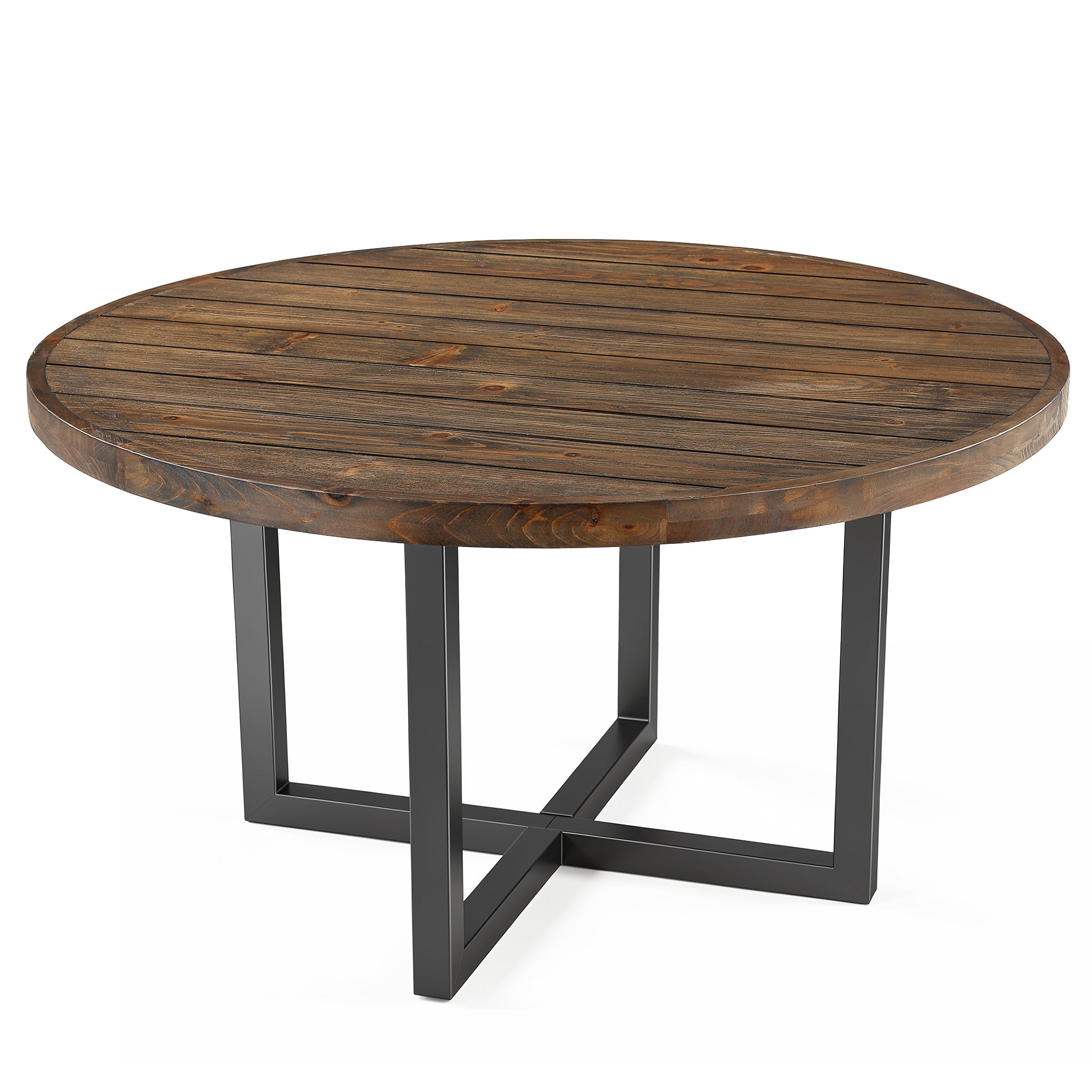 47" Round Dining Table, Solid Wood Kitchen Table with Metal Cross Base for 4-6