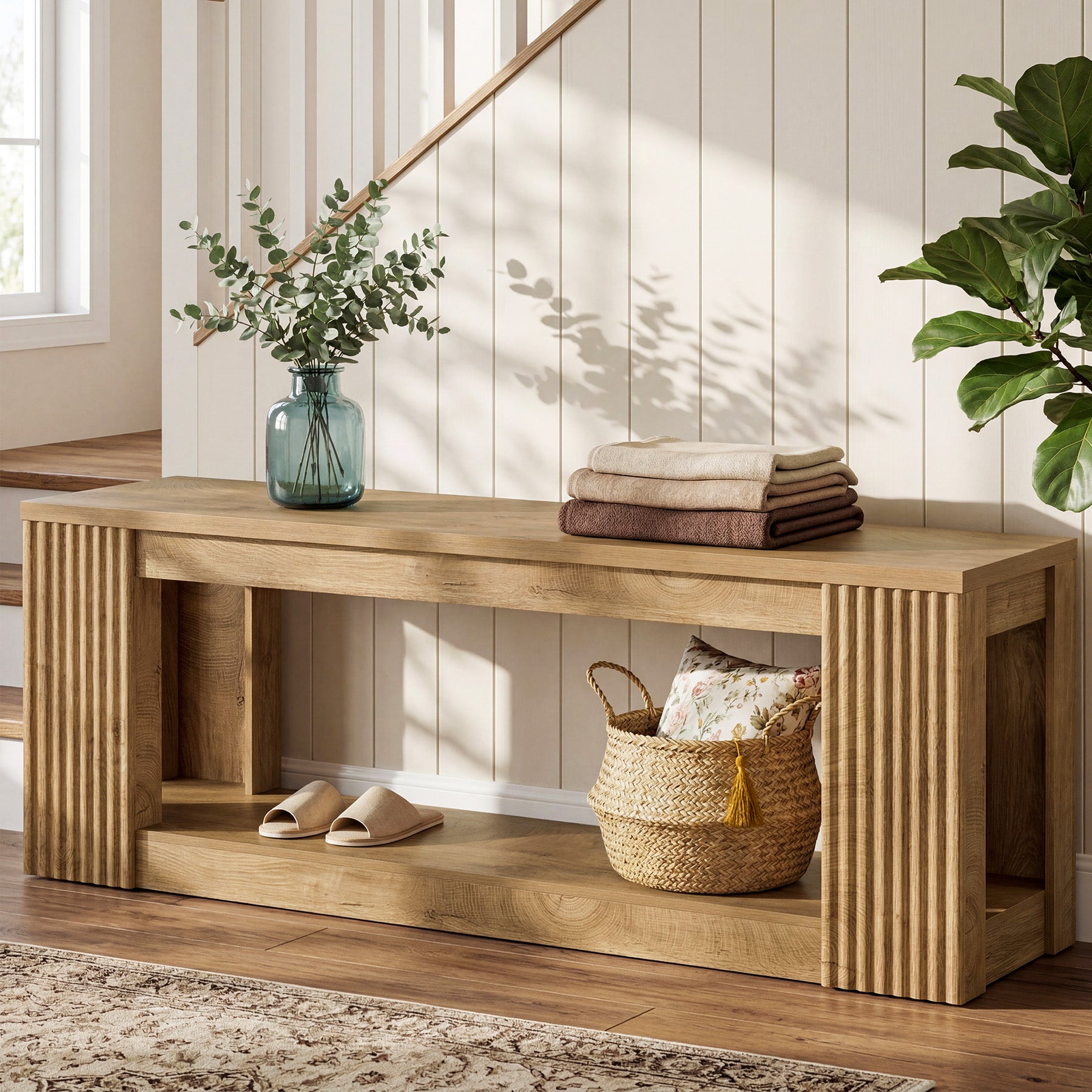 63" Entryway Bench, 2-Tier Shoe Bench End of Bed Seat for Hallway, Bedroom