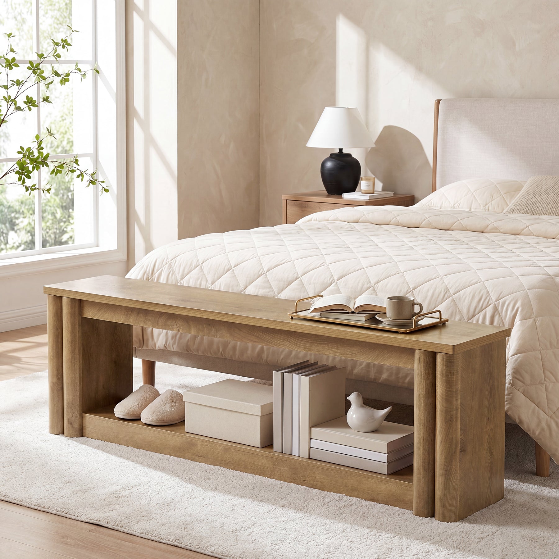 70.8" Entryway Shoe Bench, 2-Tier Benches Seat with Storage