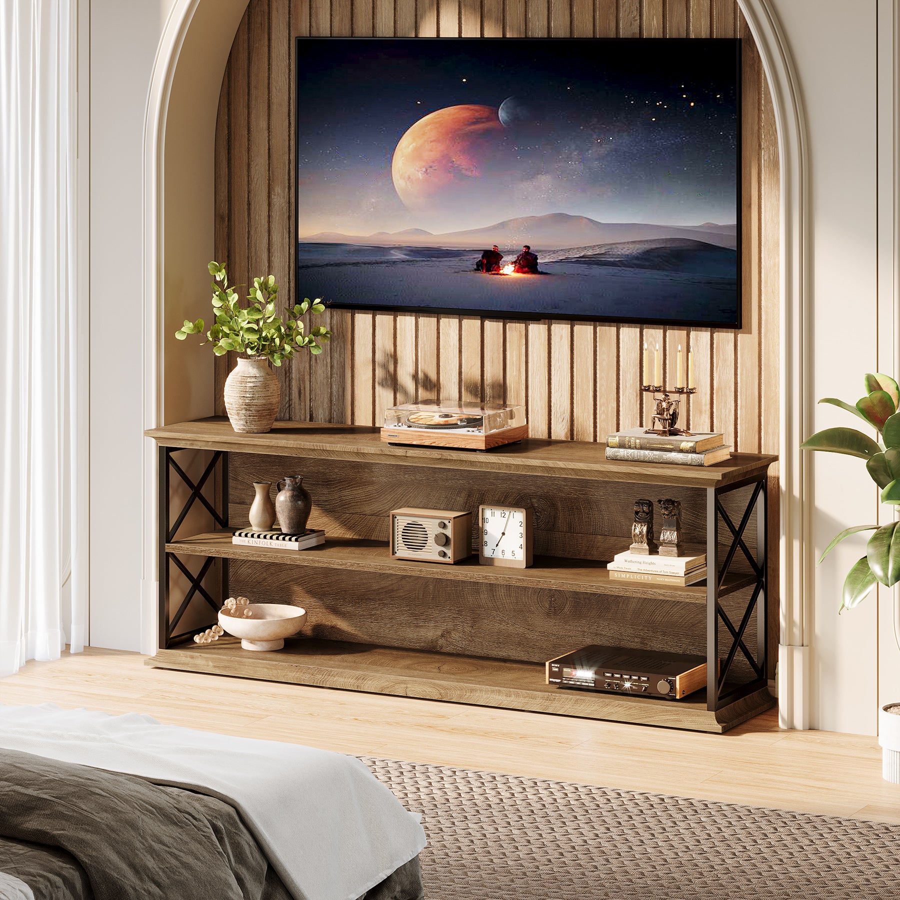 63" Industrial TV Stand for 55–75 Inch TVs, Wood & Metal Entertainment Center with 3-Tier Open Shelves
