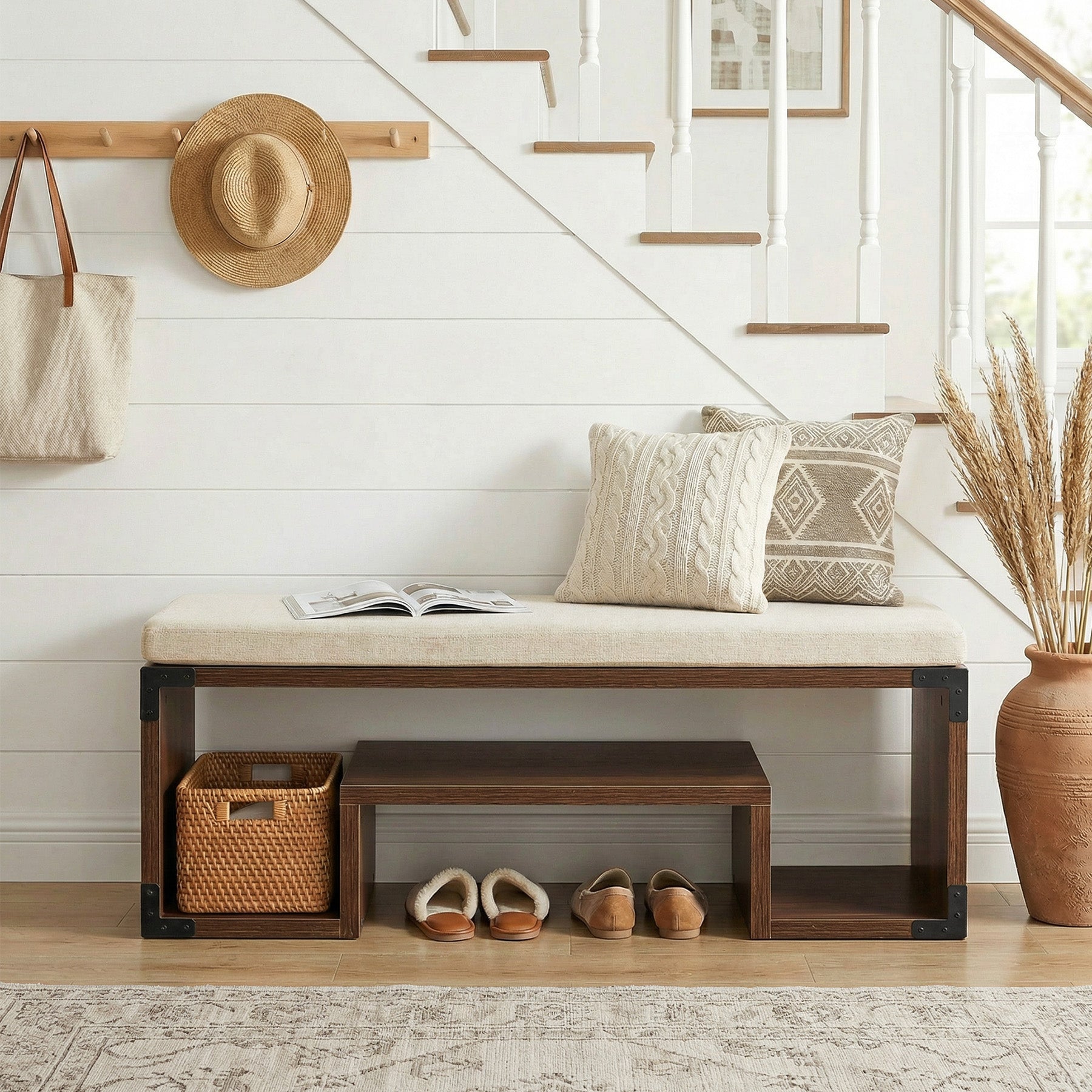 47" Shoe Bench, Entryway Bench with Cushion and Storage Shelf