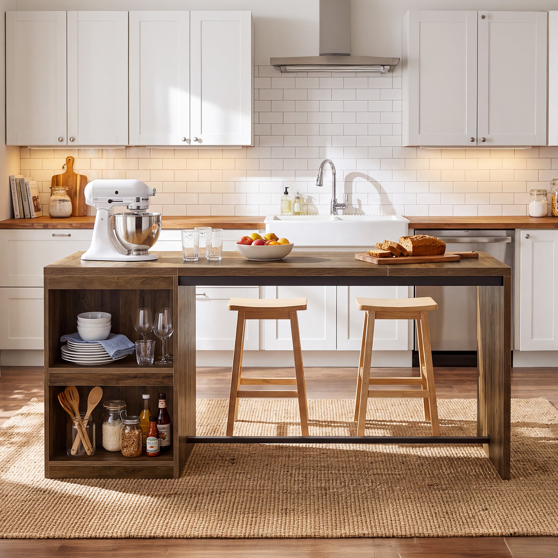 78.74" Kitchen Island, Counter Height Island Table with 2 Shelves & Mini Fridge Space