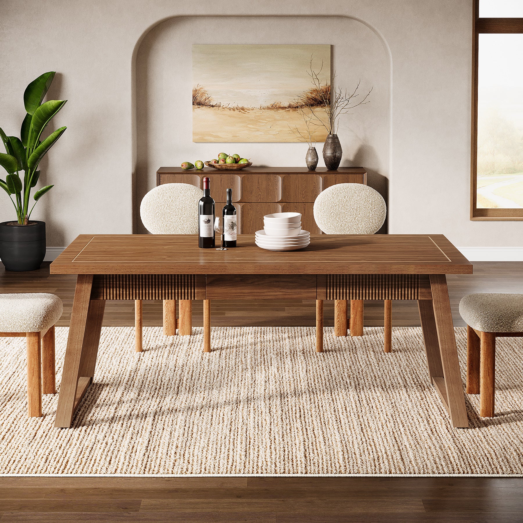 55" Rectangular Dining Table with Drawer & Solid Wood Legs for 4-6