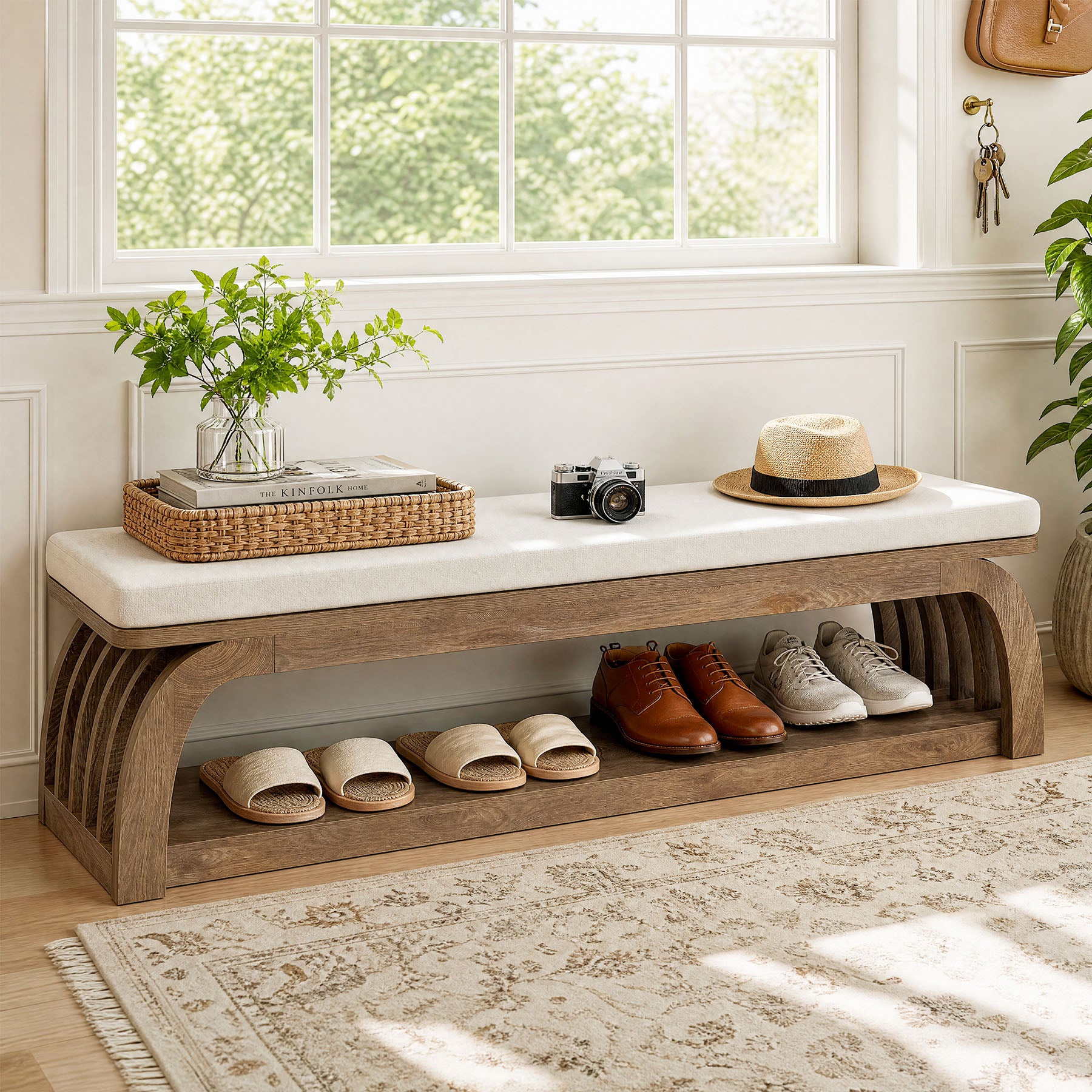 55" Upholstered Entryway Bench, 2-Tier Shoe Storage Bench with Hollow Legs for Hallway