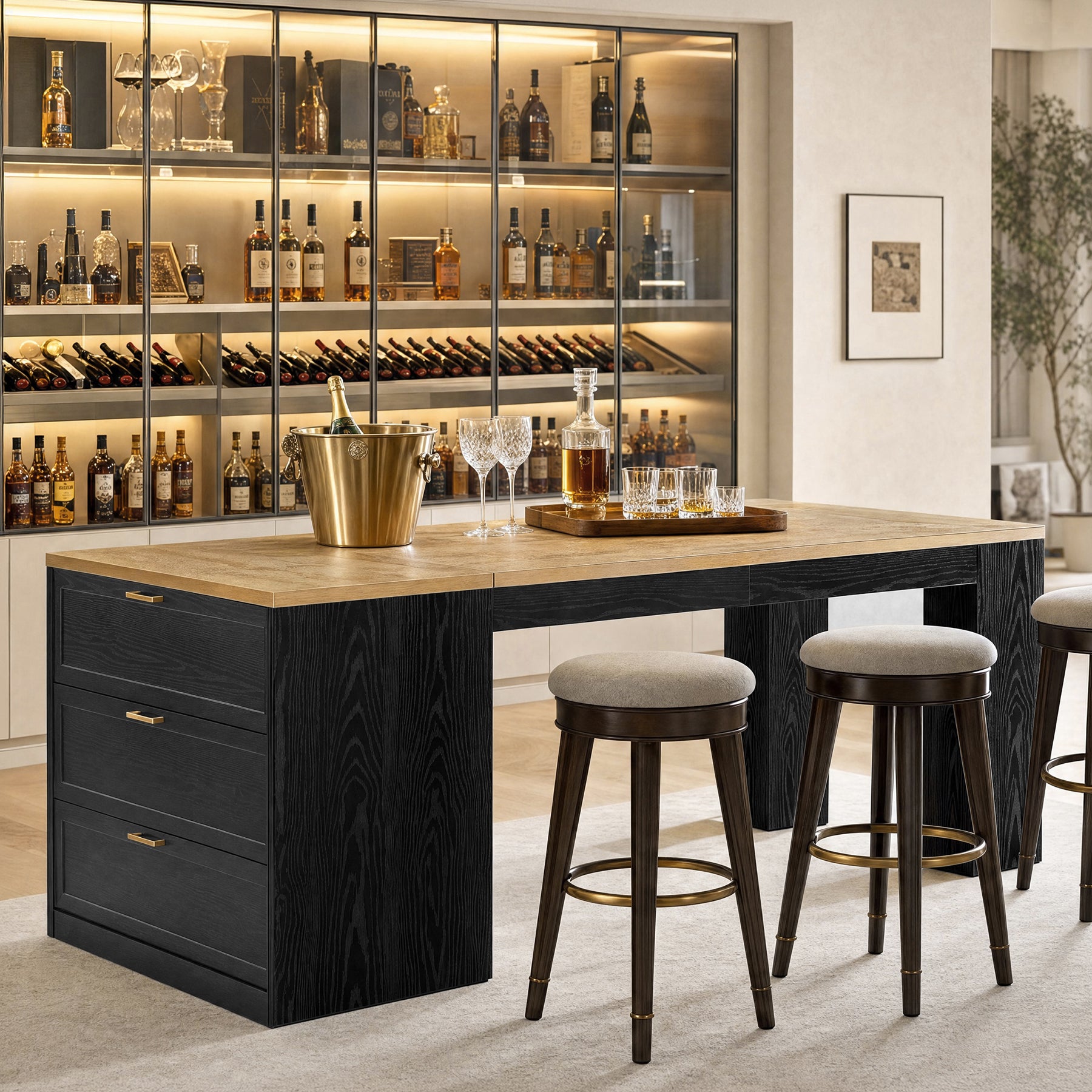 79" Extra Long Bar Table with 3 Drawers, Modern Two-Tone Counter Height Table