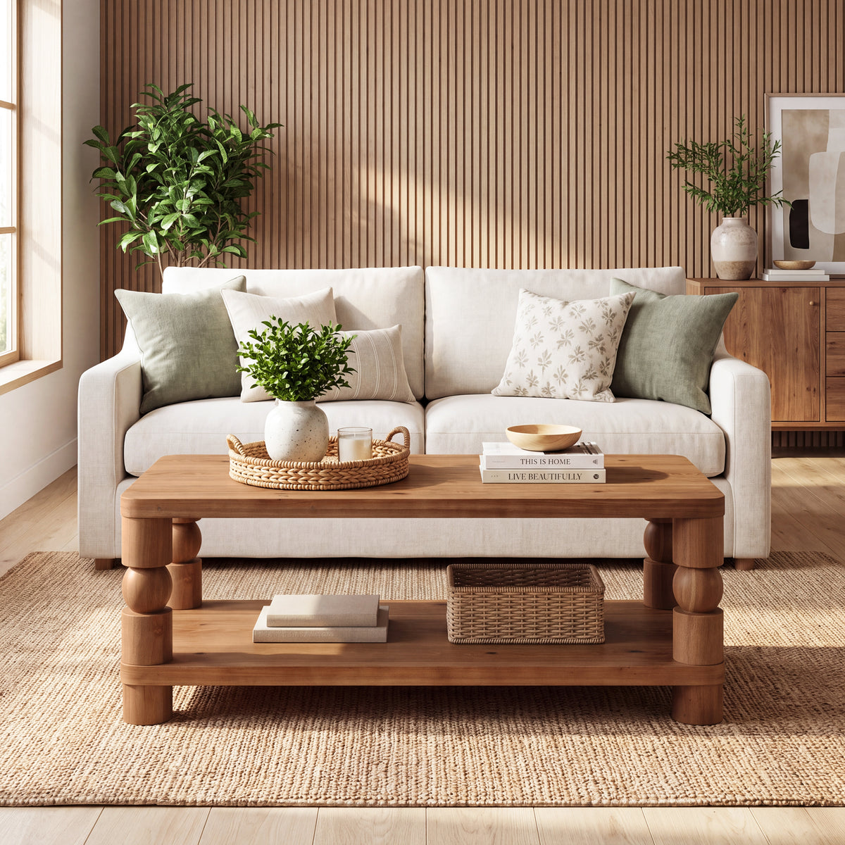 47" Farmhouse Solid Wood Coffee Table, 2-Tier Storage, Living Room