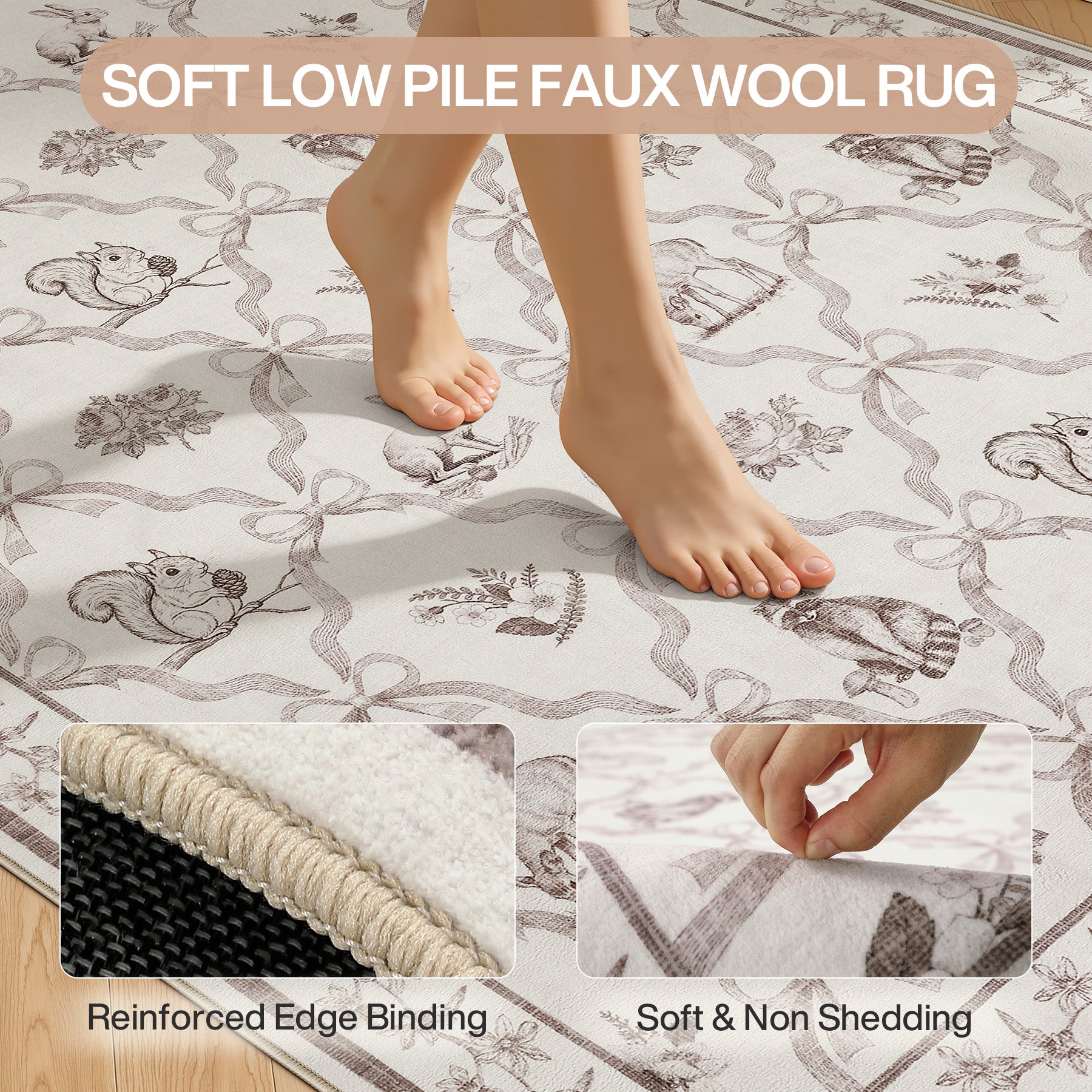 3x5/5x7 Boho Animal Floral Area Rugs for Living Room, Bow Soft Washable Non-Slip Low Pile Carpet, Oeko-Tex Certified