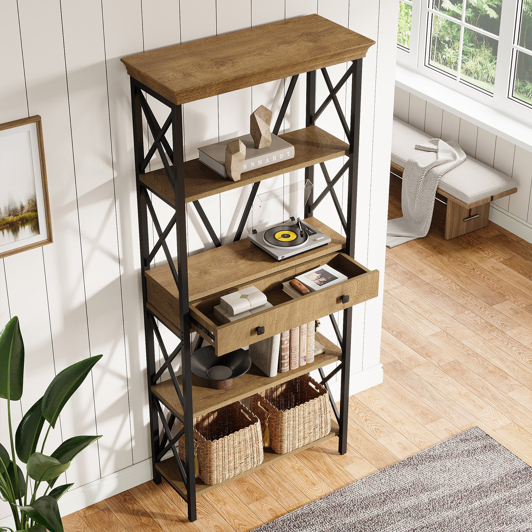 70.9" Bookshelf with Drawer, Industrial Bookcase with Open Shelf and Stable X Frame