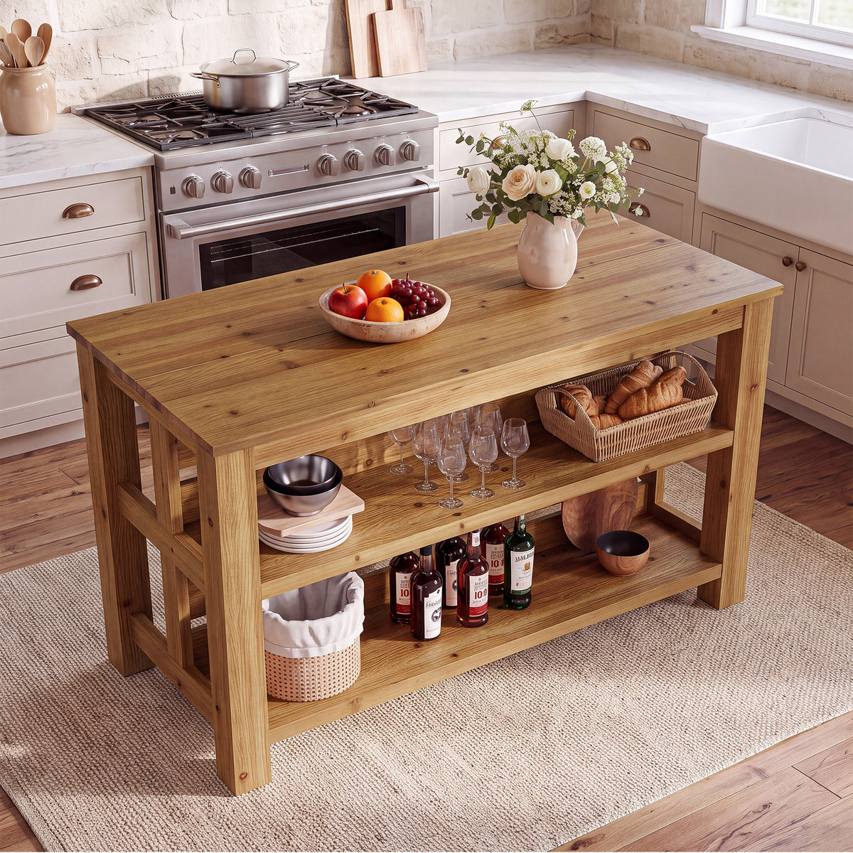63" Farmhouse Solid Wood Kitchen Island with 3-Tier Open Storage Shelves, Prep Table