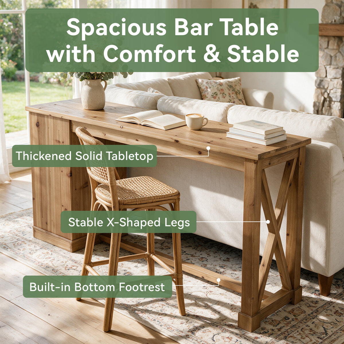 63" Counter Height Bar Table, Farmhouse Solid Wood, Rectangular with 2-Tier Storage