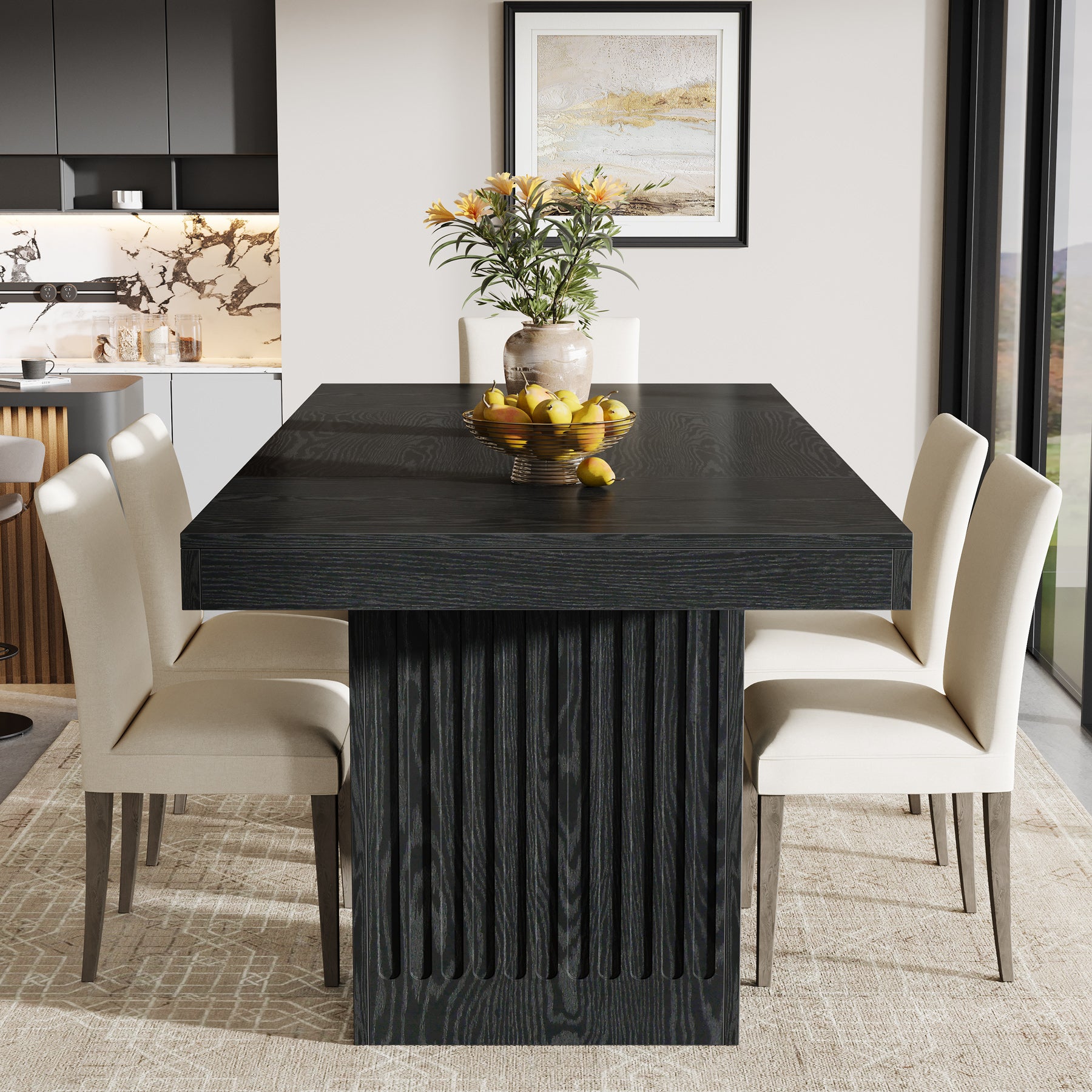 63" Dining Table for 4-6 People, Rectangular Kitchen Table with  Double Pedestal