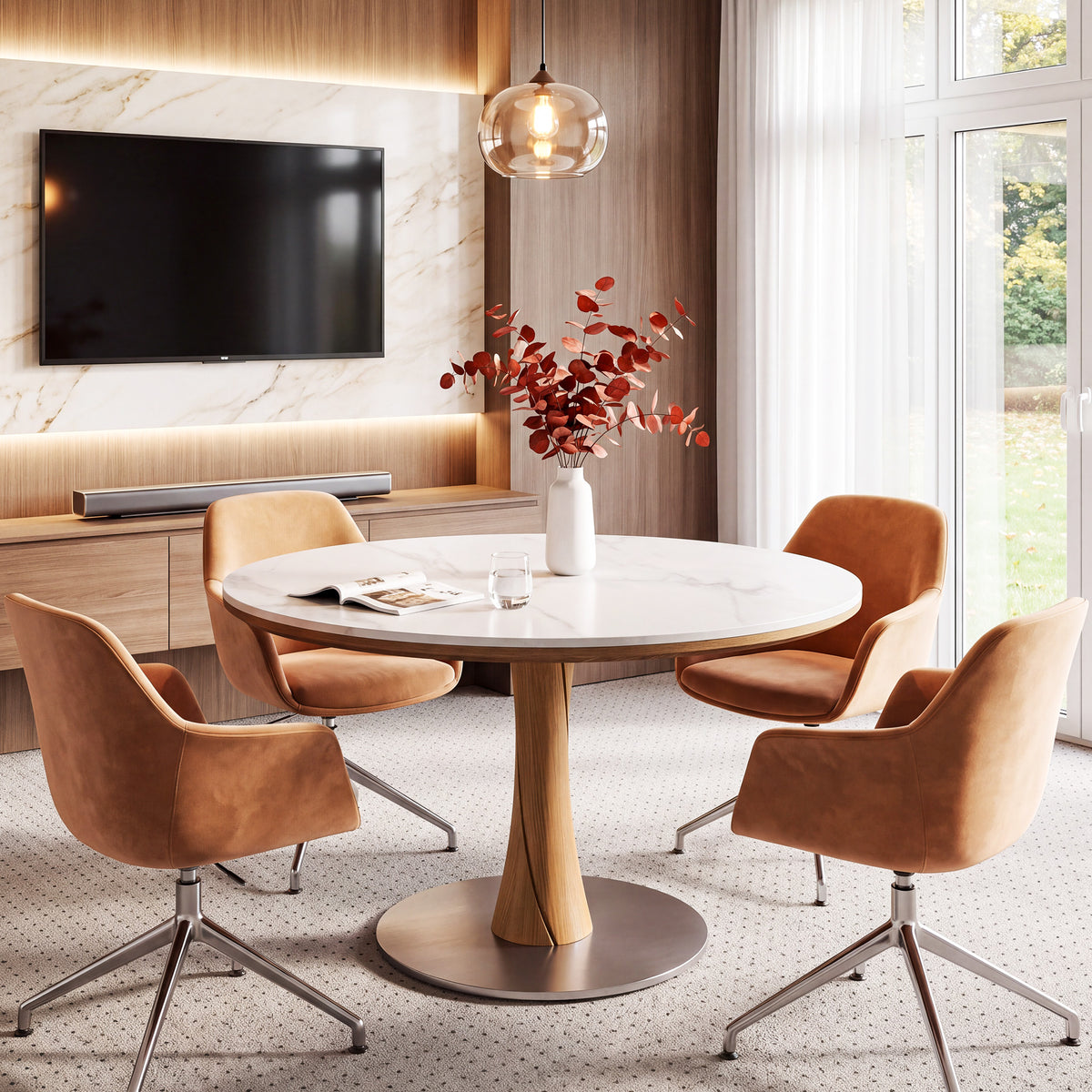 35" Round Conference Table with Sintered Stone Top, Meeting Table