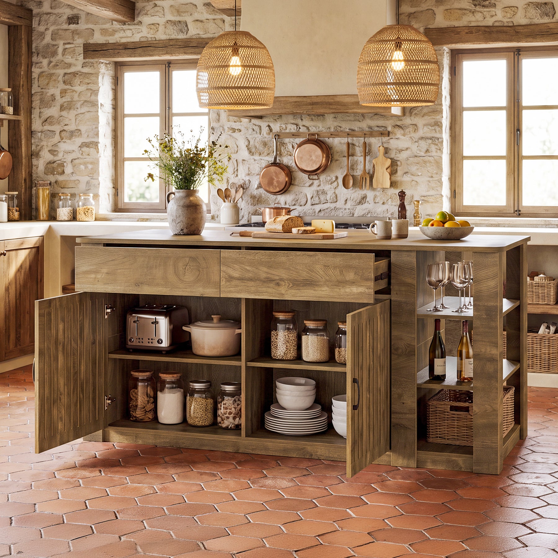 71" Large Kitchen Island with Storage & Seating, Farmhouse Island Table, Prep & Coffee Bar