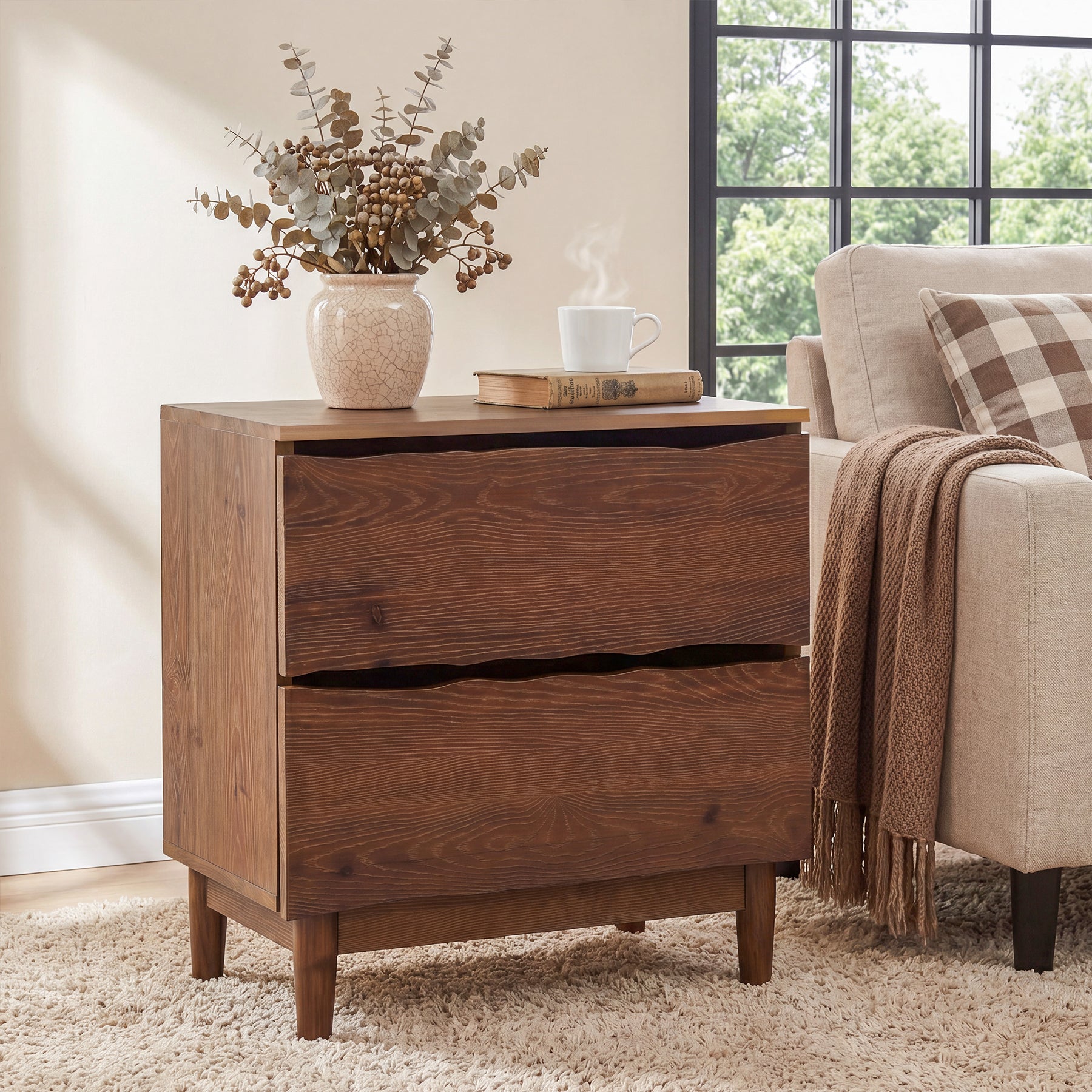 23.6" Solid Wood Nightstand, Mid-Century End Table with 2 Storage Drawers
