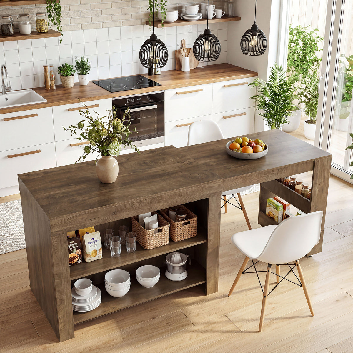 47-85" Extendable Kitchen Island for 2-4, Stationary Storage Island with Open Shelves
