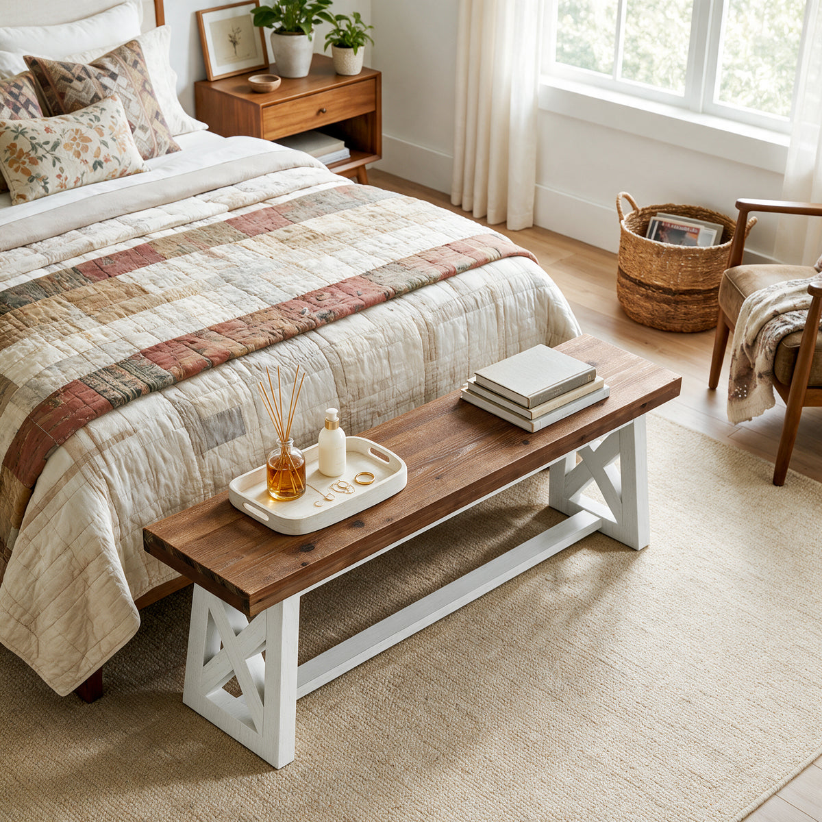 55" Two-Tone Farmhouse End of Bed Bench, Rustic Solid Wood, Bedroom Hallway
