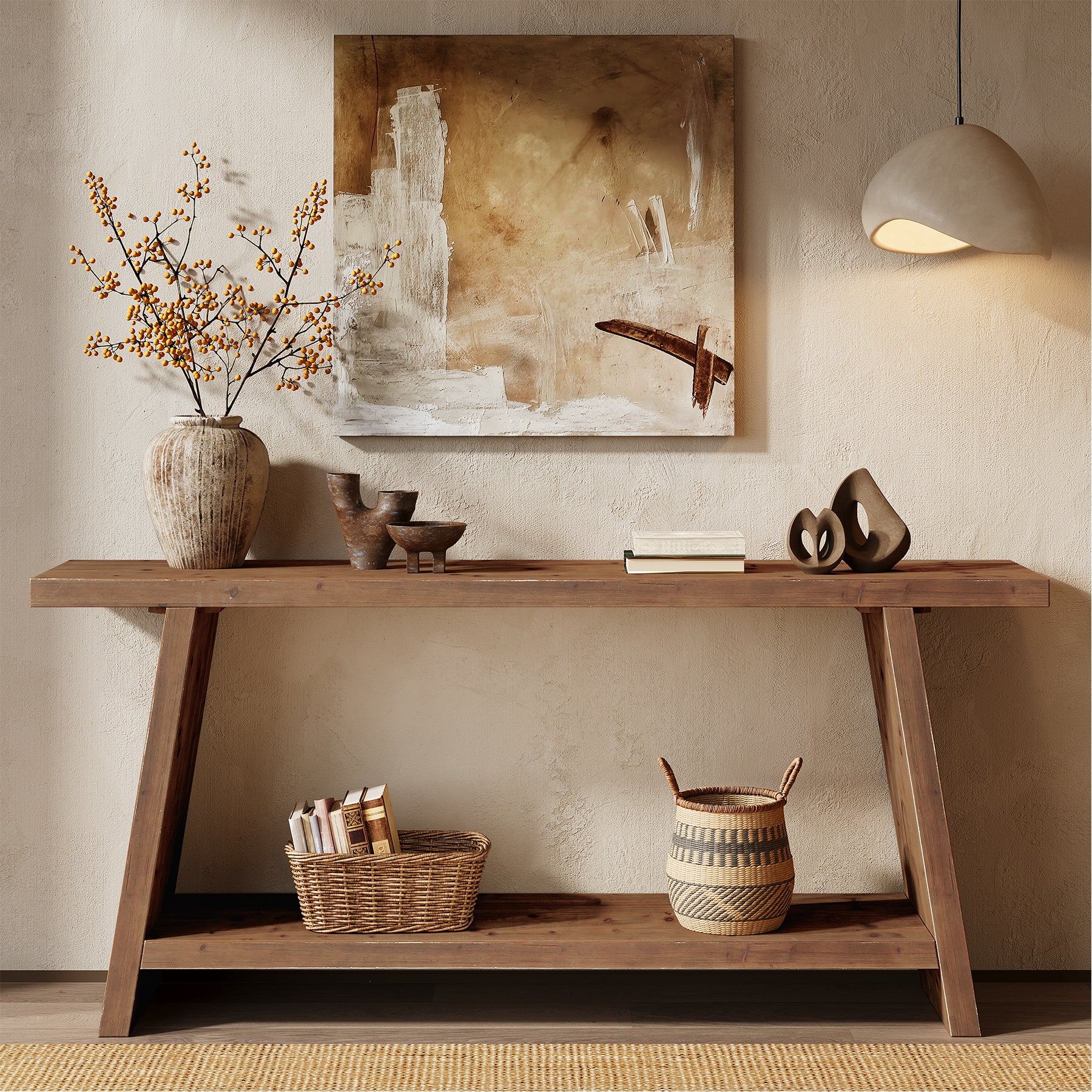 Solid Wood Console Table, 70.9" Sofa Table Behind Couch with 2-Tier Storage