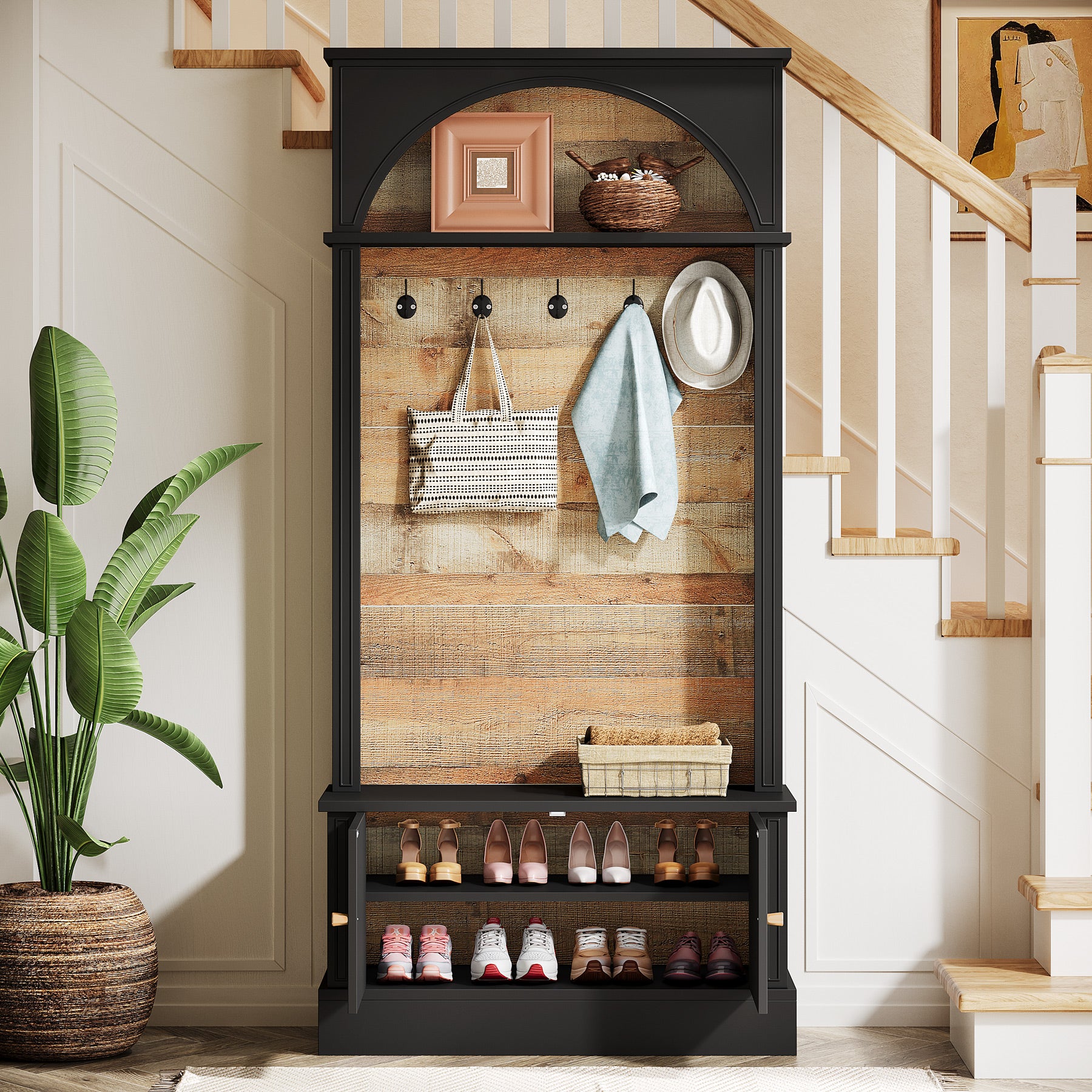 70.8" Hall Tree, 4-in-1 Entryway Coat Rack Shoe Storage with 5 Double Hooks