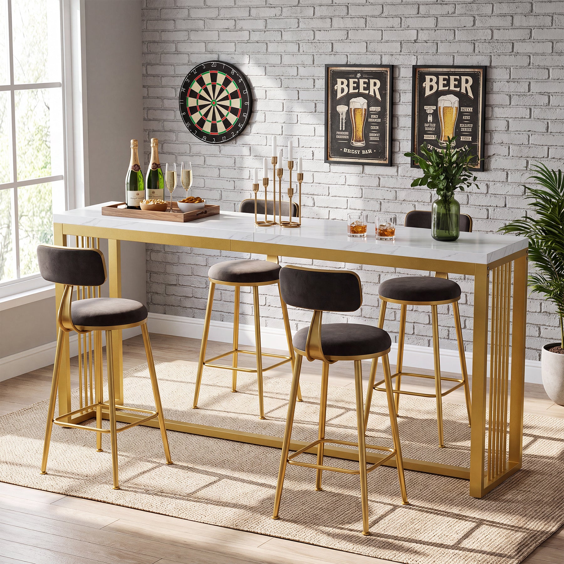 70.8" Bar Table, Counter Height Pub Table with Metal Base, Narrow Kitchen & Dining Room