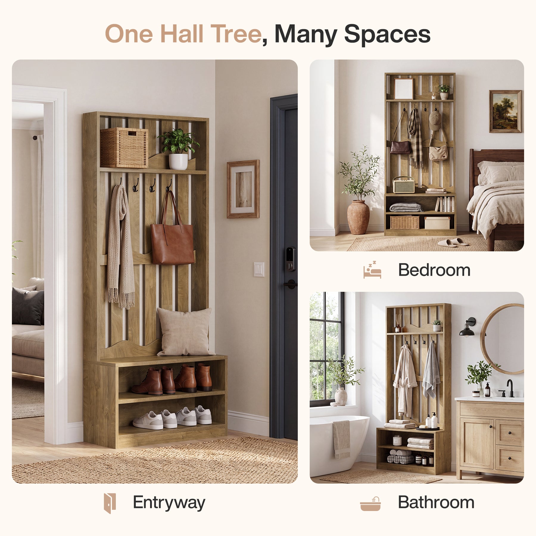 71.6" Tall Hall Tree, Farmhouse Entryway Storage with Bench & 4 Coat Hooks