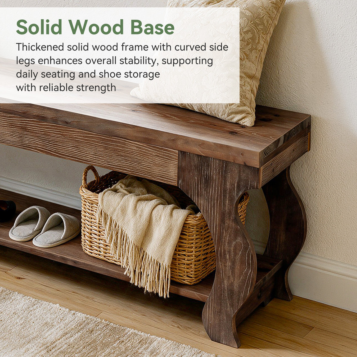 55" Solid Wood Entryway Bench with Storage Shelf, 2-Tier Farmhouse End of Bed Seat