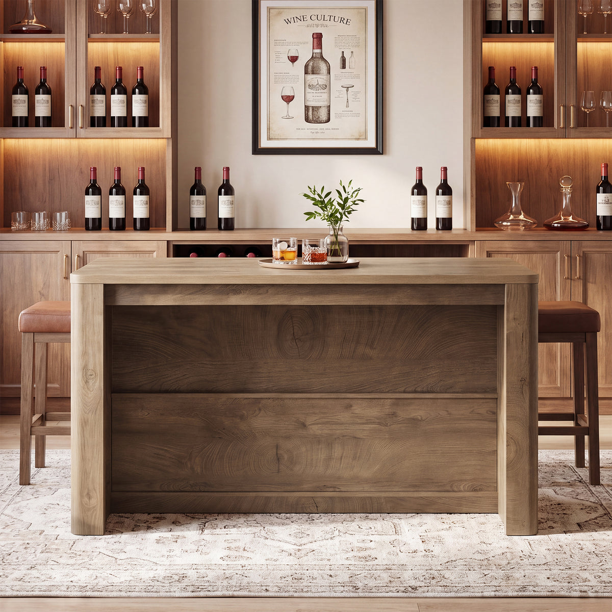 55" Bar Table with 2 Drawers, Farmhouse Pub Table with 3-Tier Open Shelves