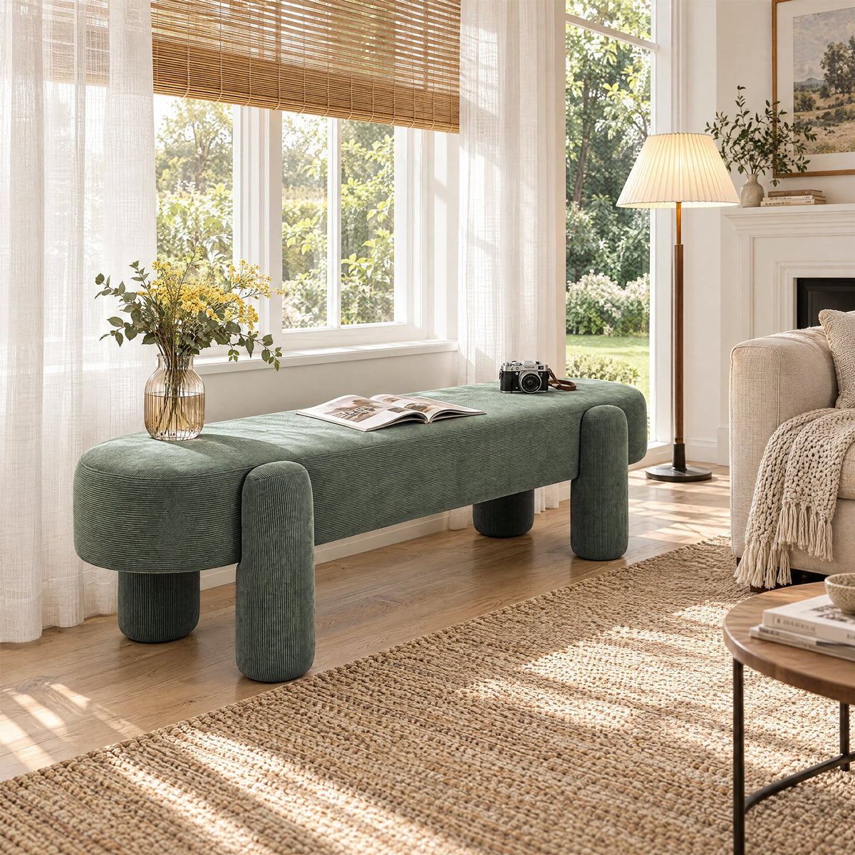 Tufted Upholstered Entryway Bench, Solid Wood Frame, Modern Bedroom Bench