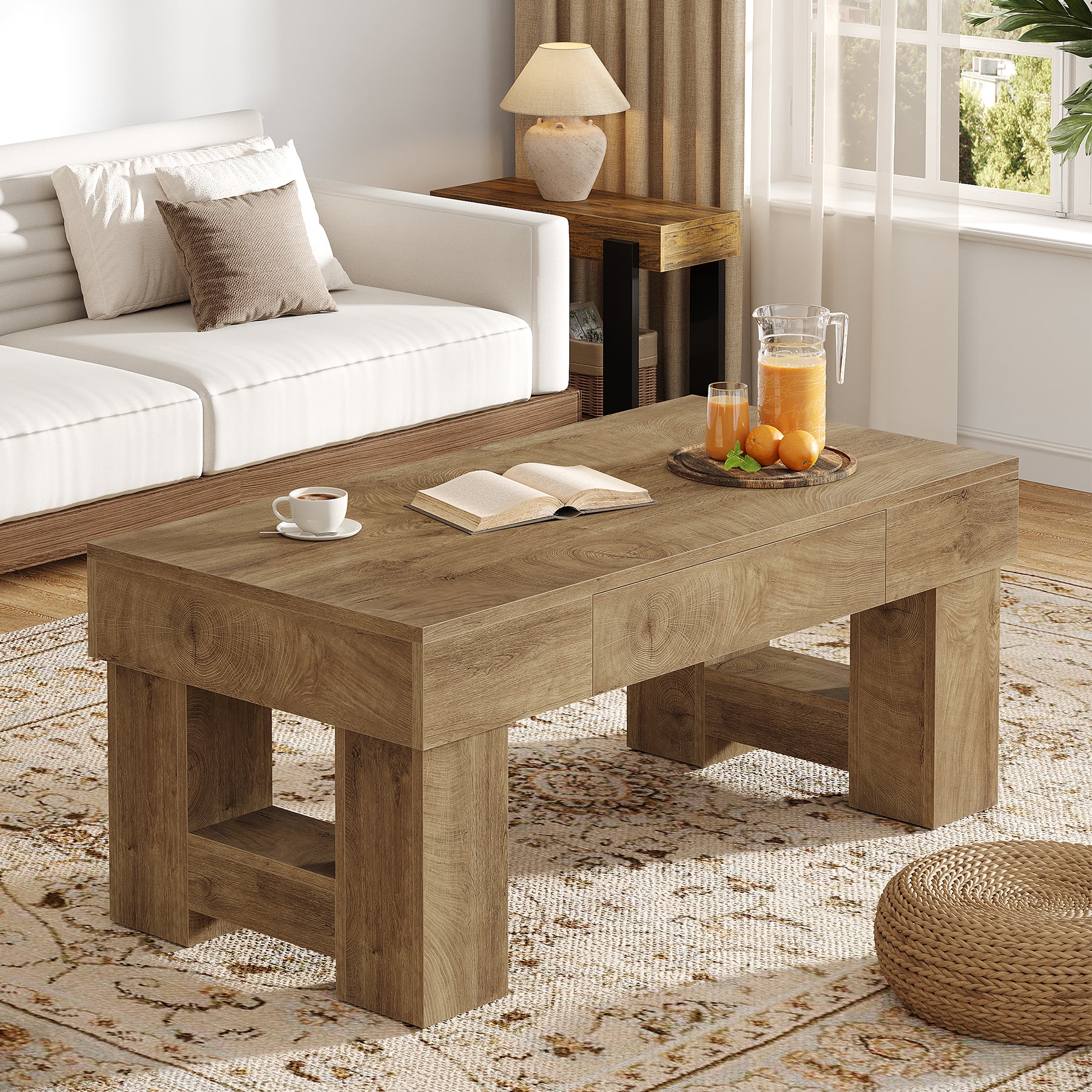 Coffee Table with Storage Drawer, 47" Farmhouse Center Cocktail Table