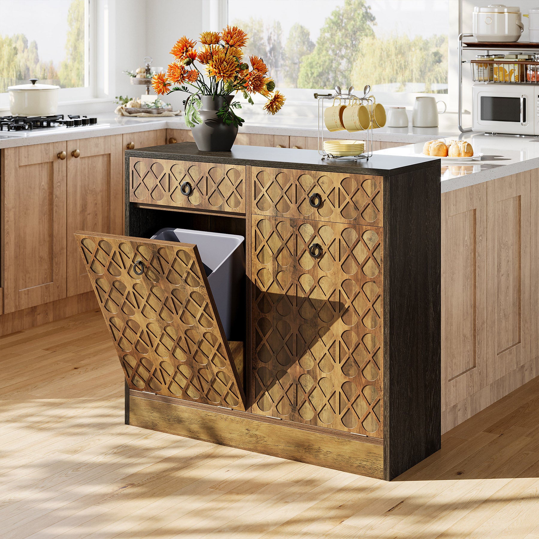 Tilt Out Trash Can Cabinet, 10 Gallon Laundry Sorter Cabinet with 2 Drawers