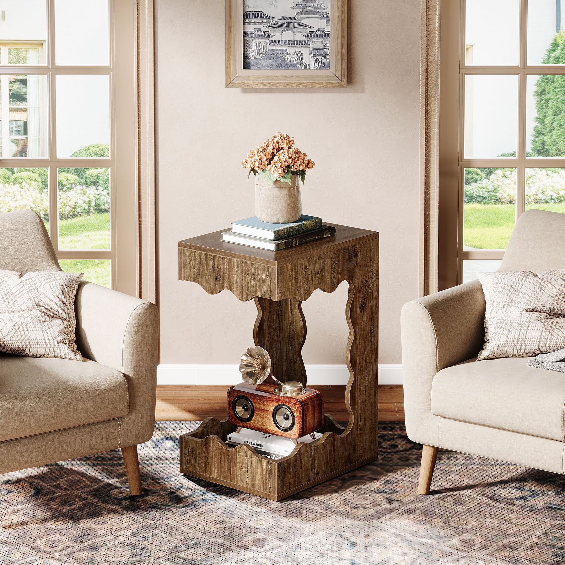 C-Shaped End Table, 2-Tier Side Table Farmhouse Nightstand