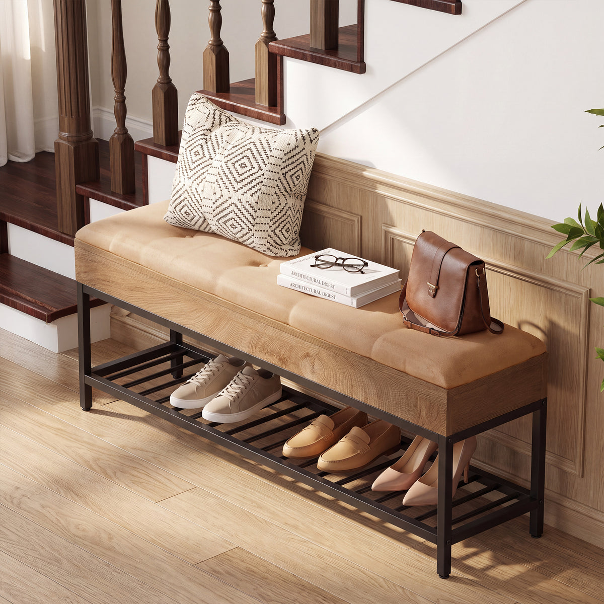 55" Shoe Bench with Cushion, 2-Tier Entryway Bench with Metal Frame
