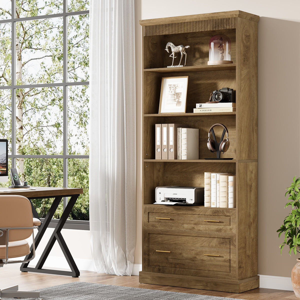 72" Bookshelf with Drawers, Freestanding 5-Shelf Bookcase Display Shelf