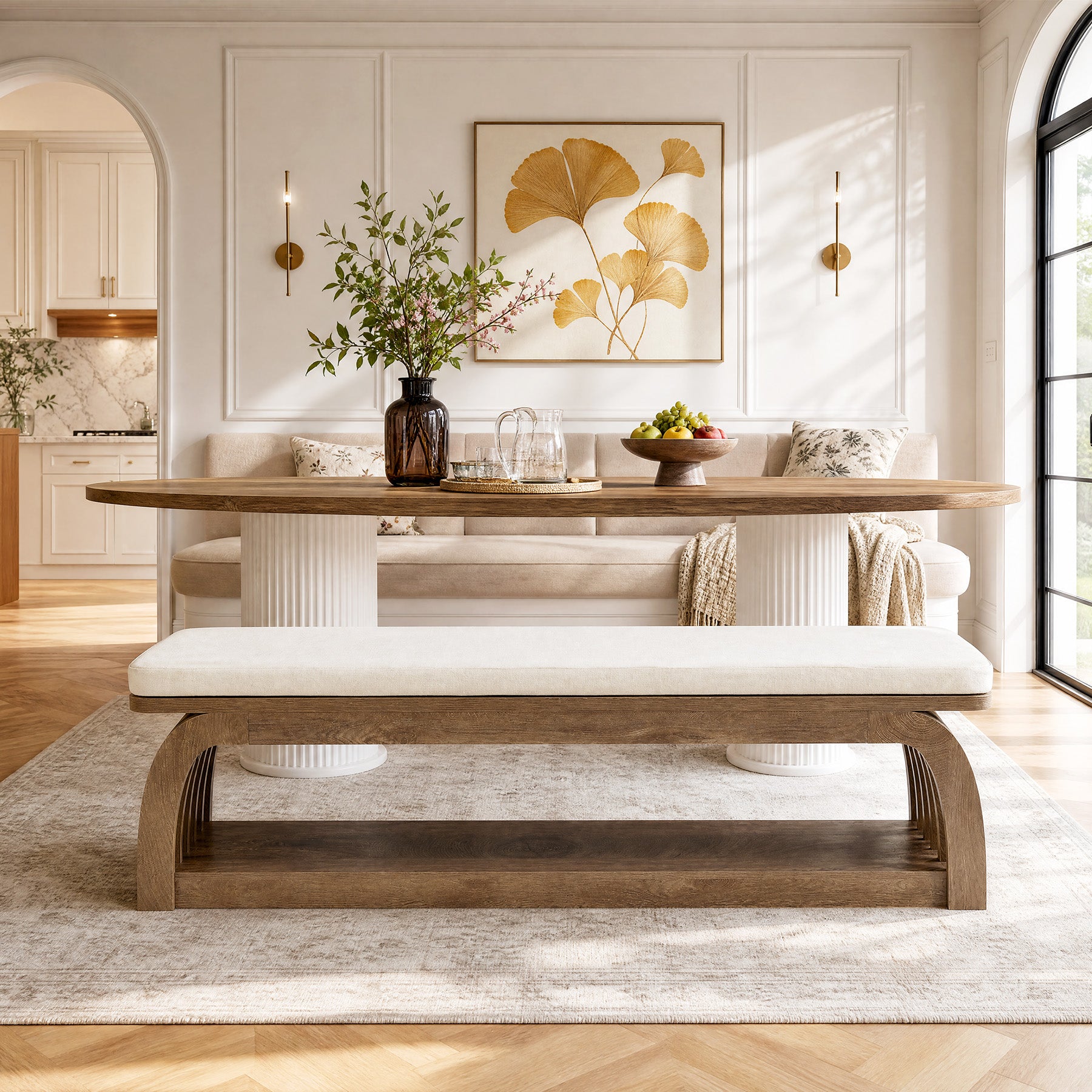 55" Upholstered Dining Bench, 2-Tier Farmhouse Kitchen Bench with Unique Hollow Legs