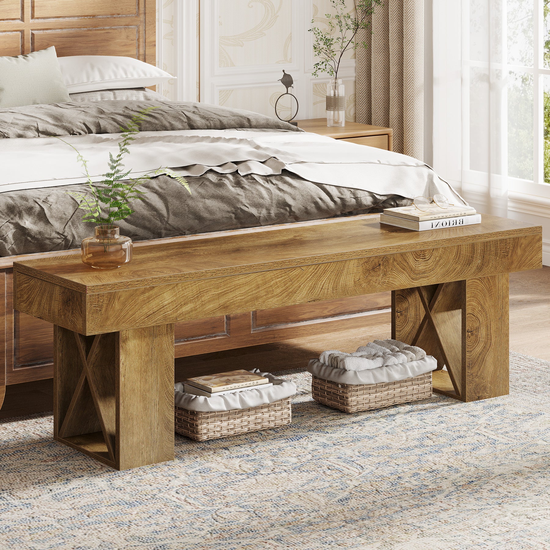 55" Entryway Bench, Farmhouse Shoe Bench Indoor End of Bed Stool