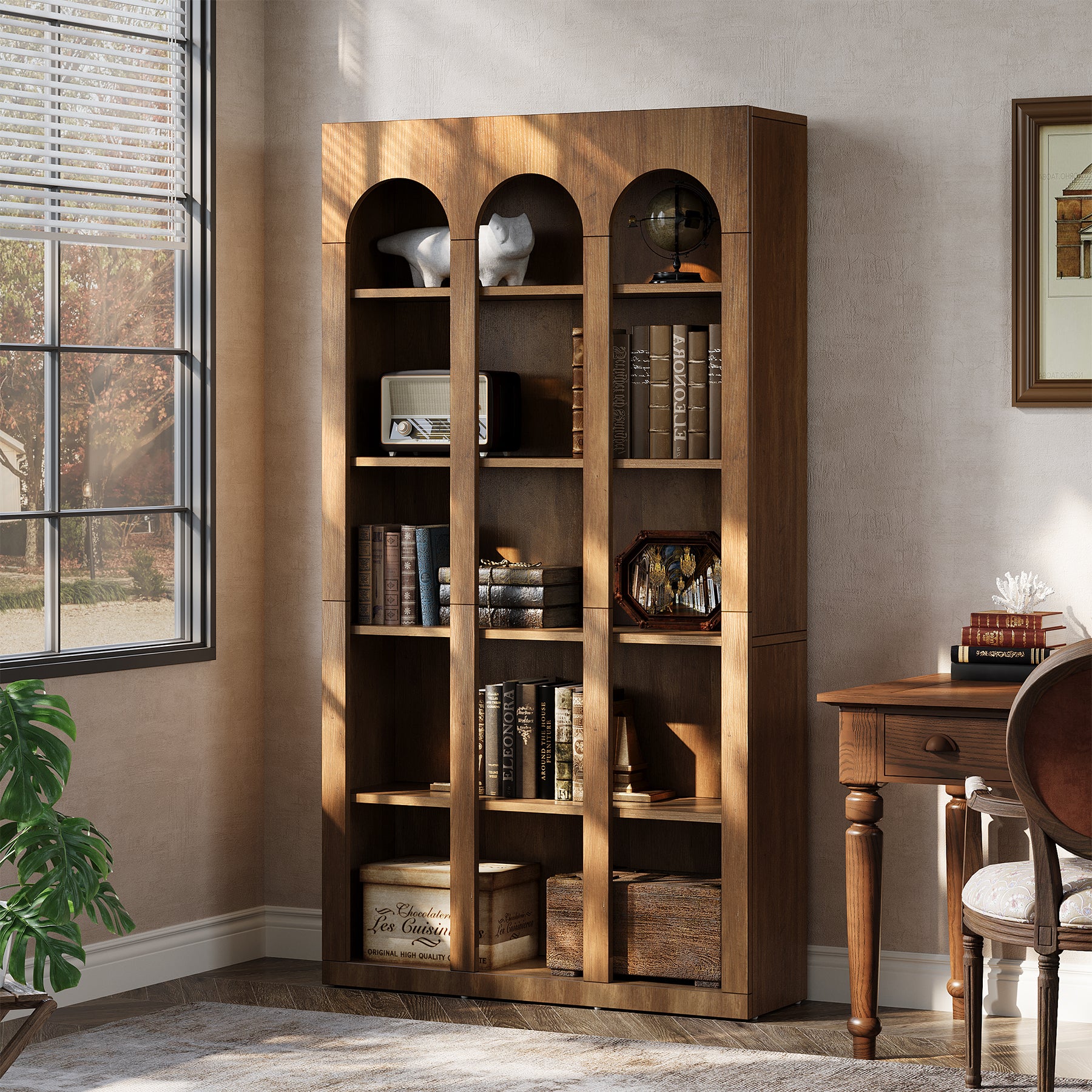 70.8" Arched 5-Tier Bookshelf with Open Shelves, Vintage Farmhouse Style Tall Display Bookcase