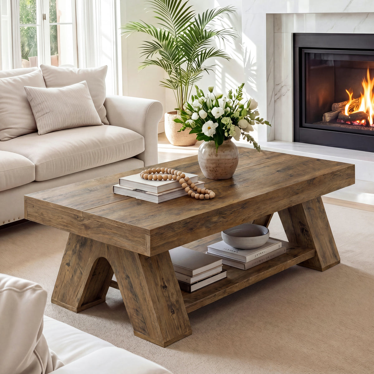 Tribesigns 55.1-Inch Farmhouse Coffee Table with Storage Shelf, Large Rectangle Center Table for Living Room