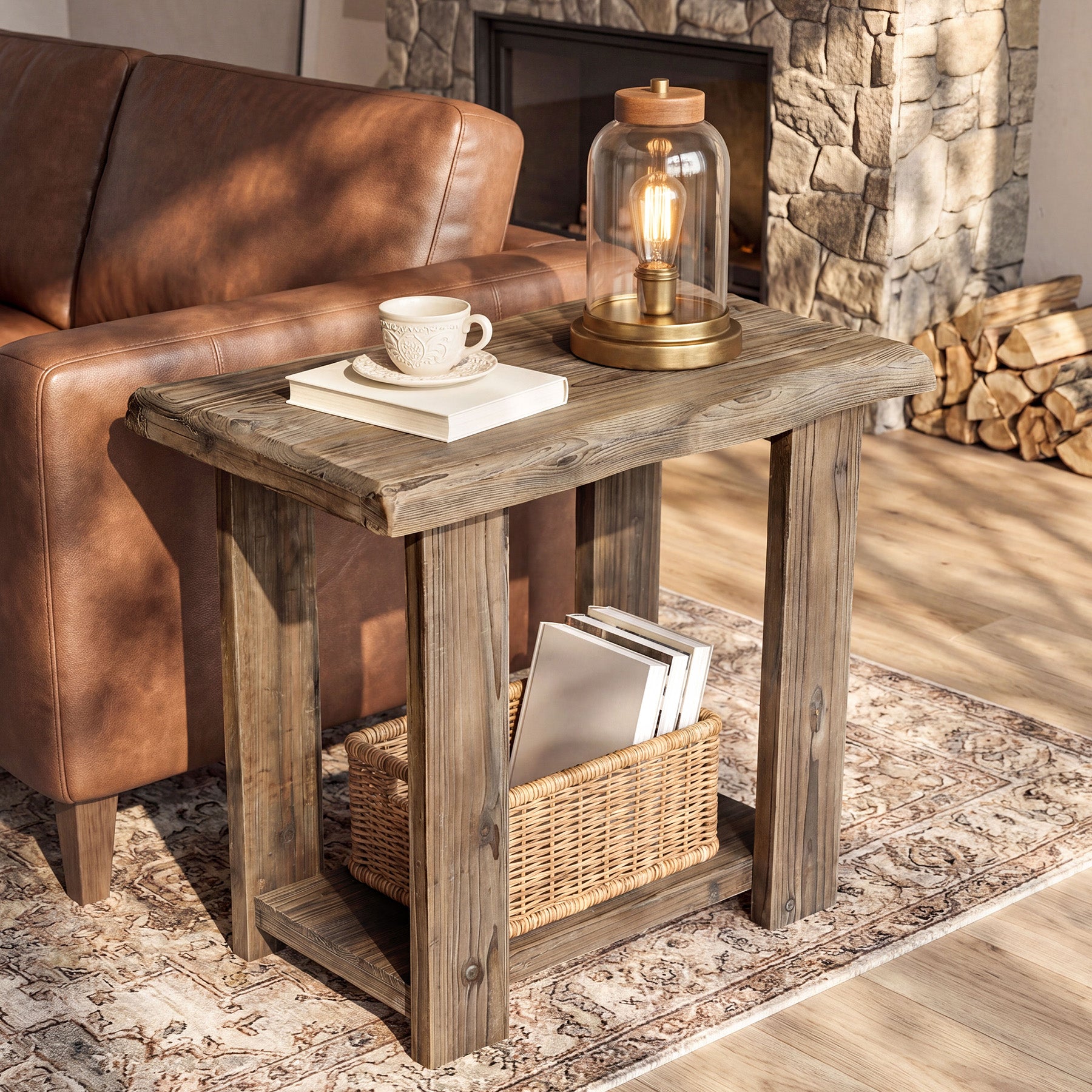 2-Tier Solid Wood End Table, Rectangle Side Table Nightstands for Living Room, Bedroom