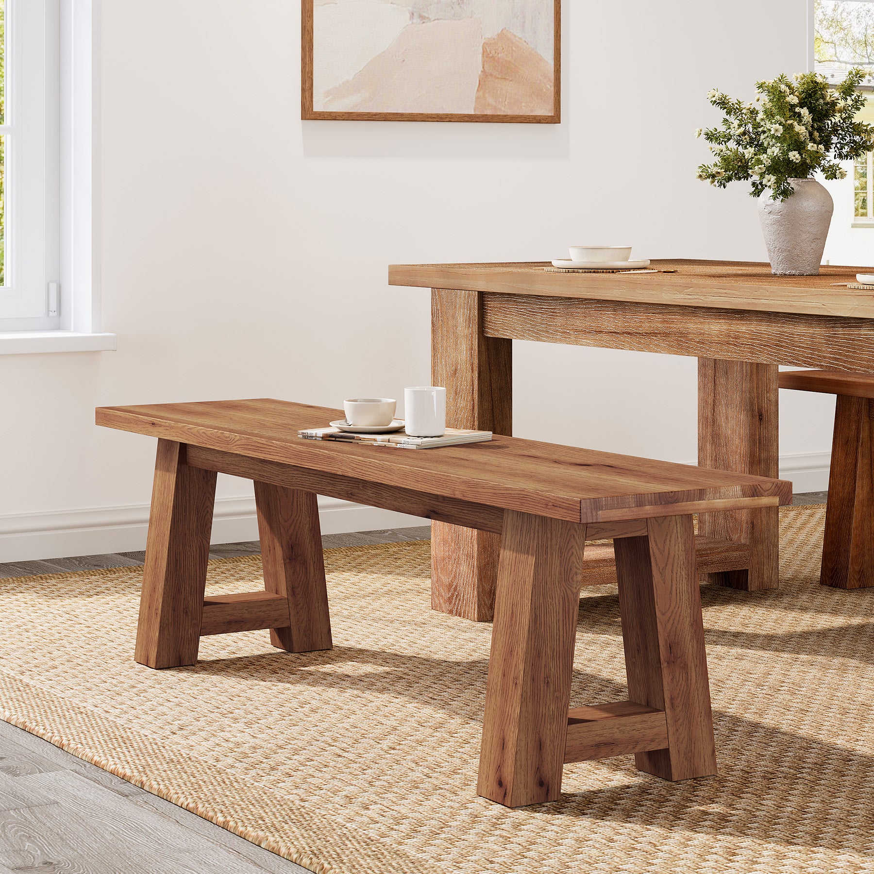 Solid Wood Dining Bench, 55" Entryway Bench with A-Shaped Legs