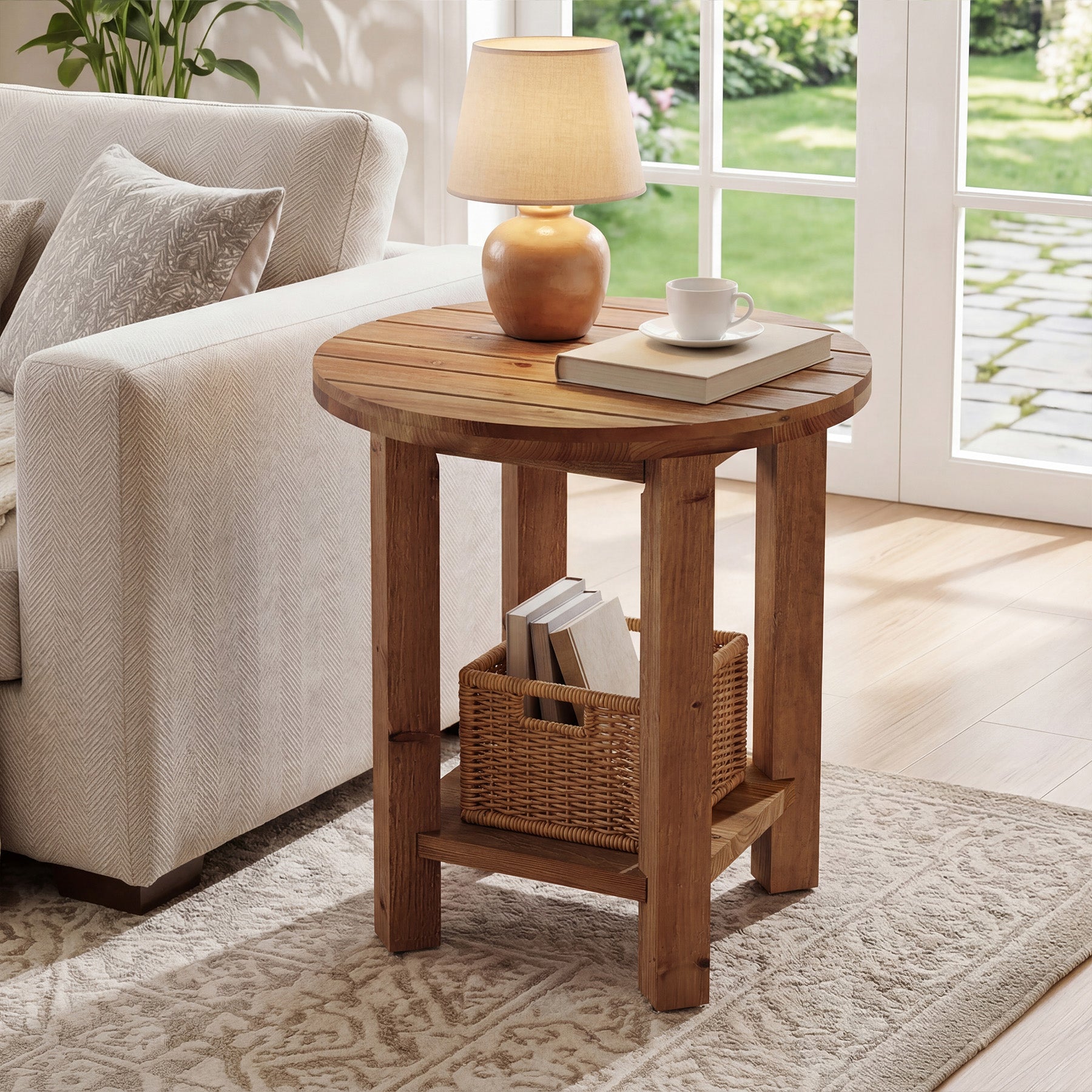 2-Tier End Table, Solid Wood Round Side Table with Grooved Textured Tabletop