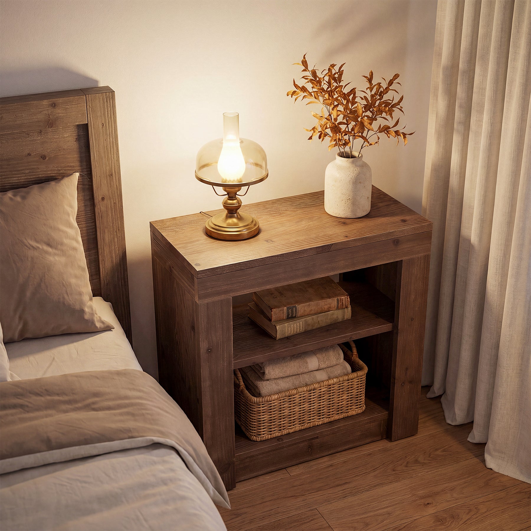 23.62" Solid Wood Nightstand, Rectangle Bedside Table with Storage Shelf for Bedroom