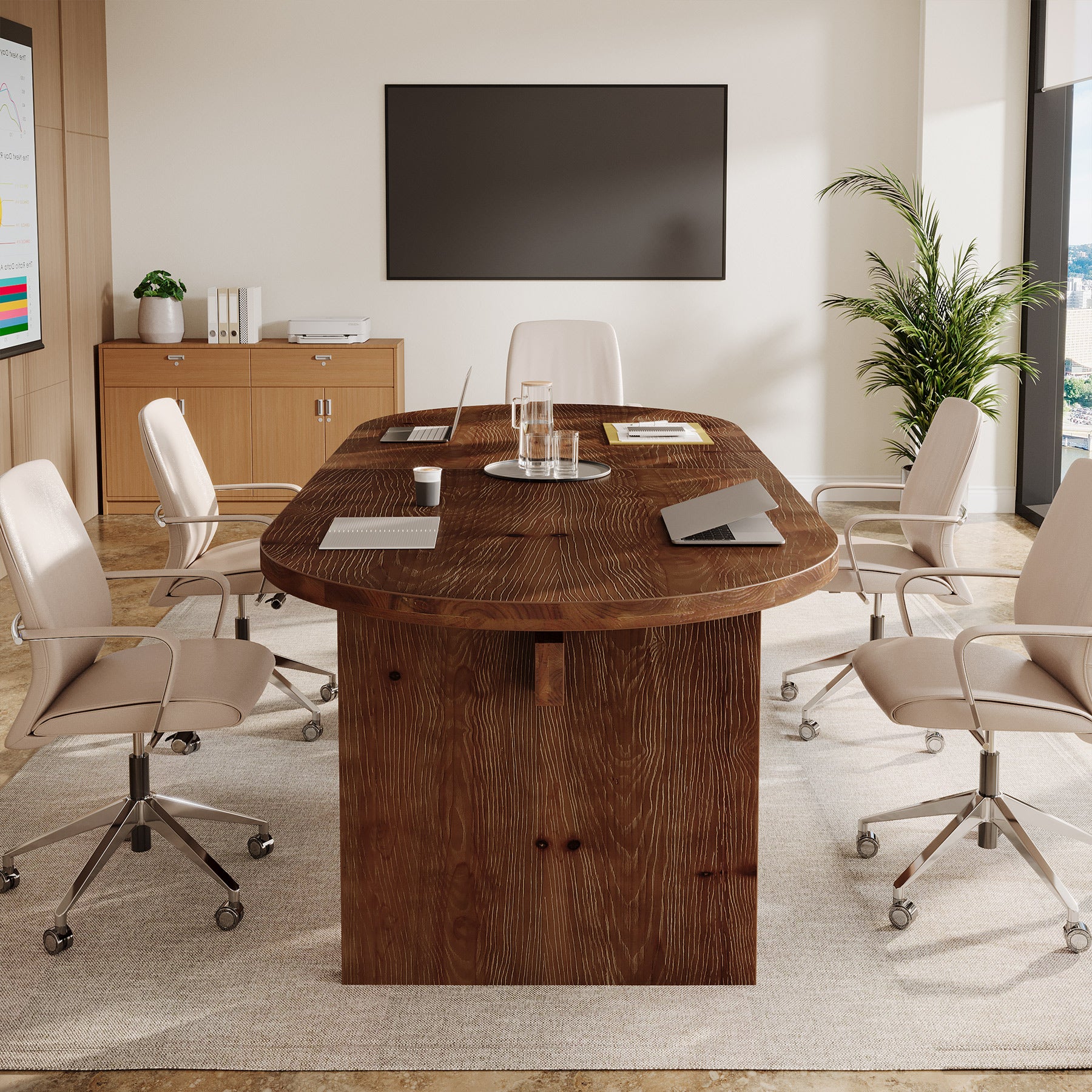 Solid Wood Conference Table, 63" Oval Executive Desks with Wood Base