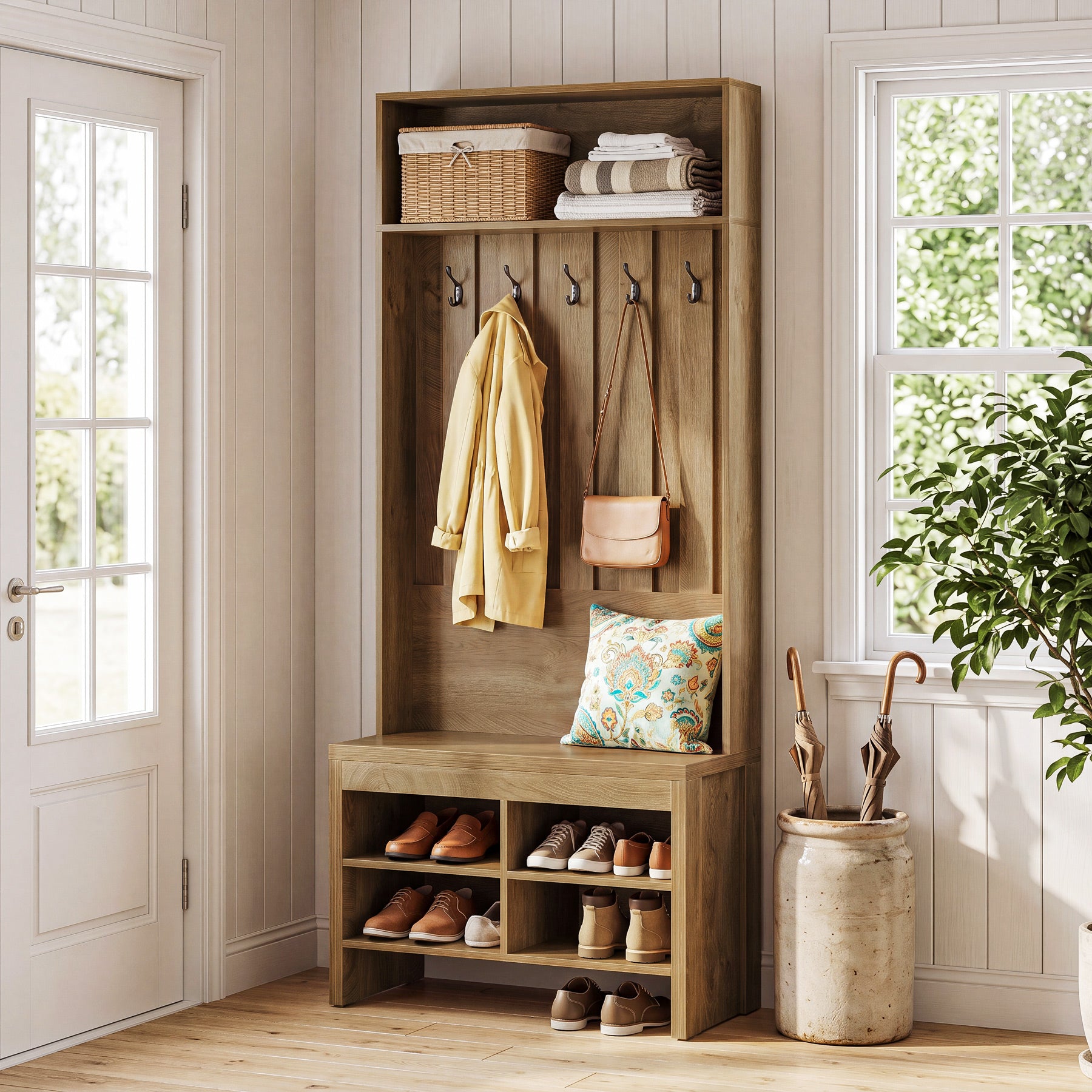 70.8" Tall Hall Tree, Entryway Organizer with Bench & 5 Hooks